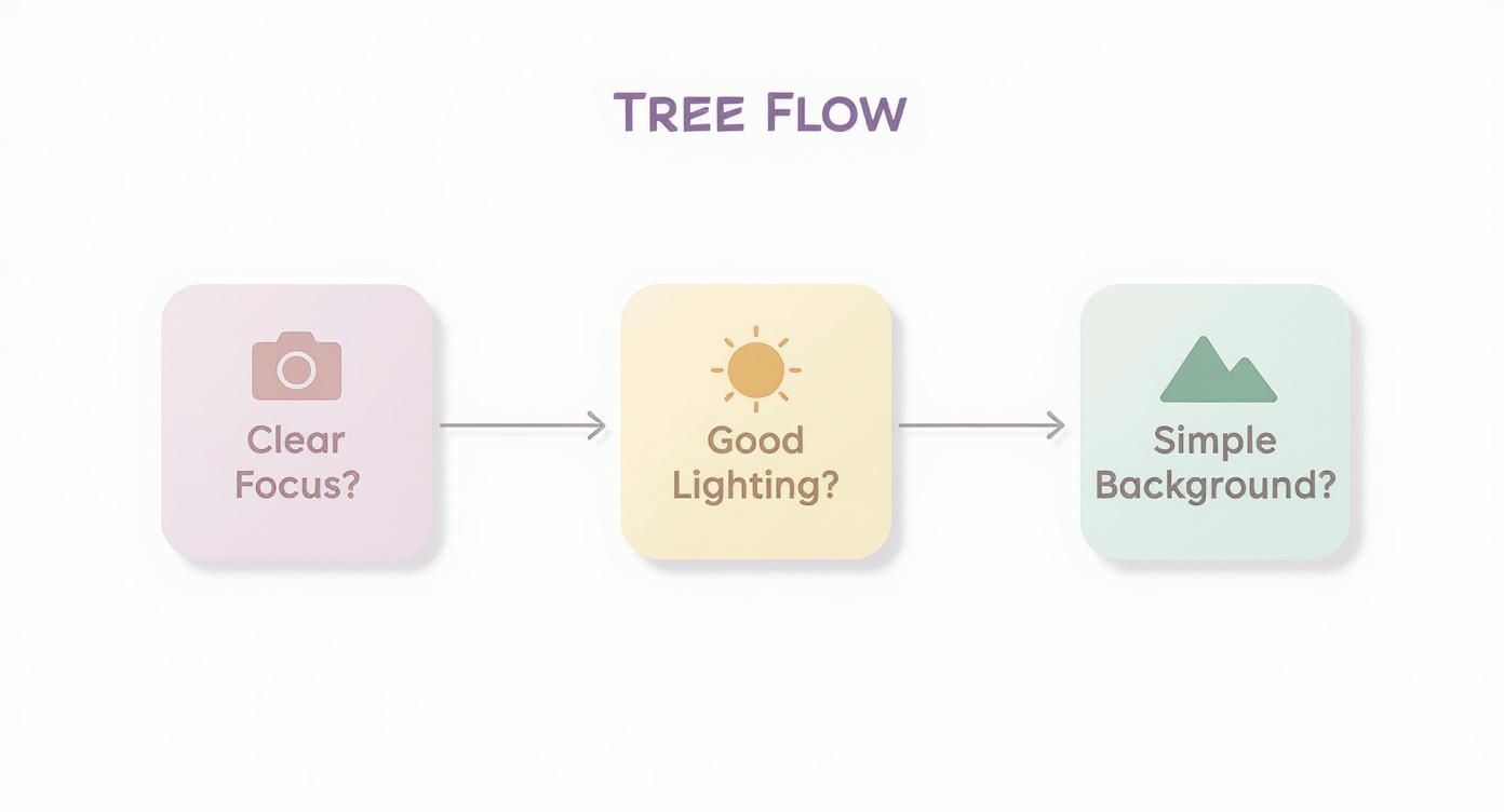 A diagram titled "TREE FLOW" outlining three steps for photography: Clear Focus?, Good Lighting?, Simple Background?.