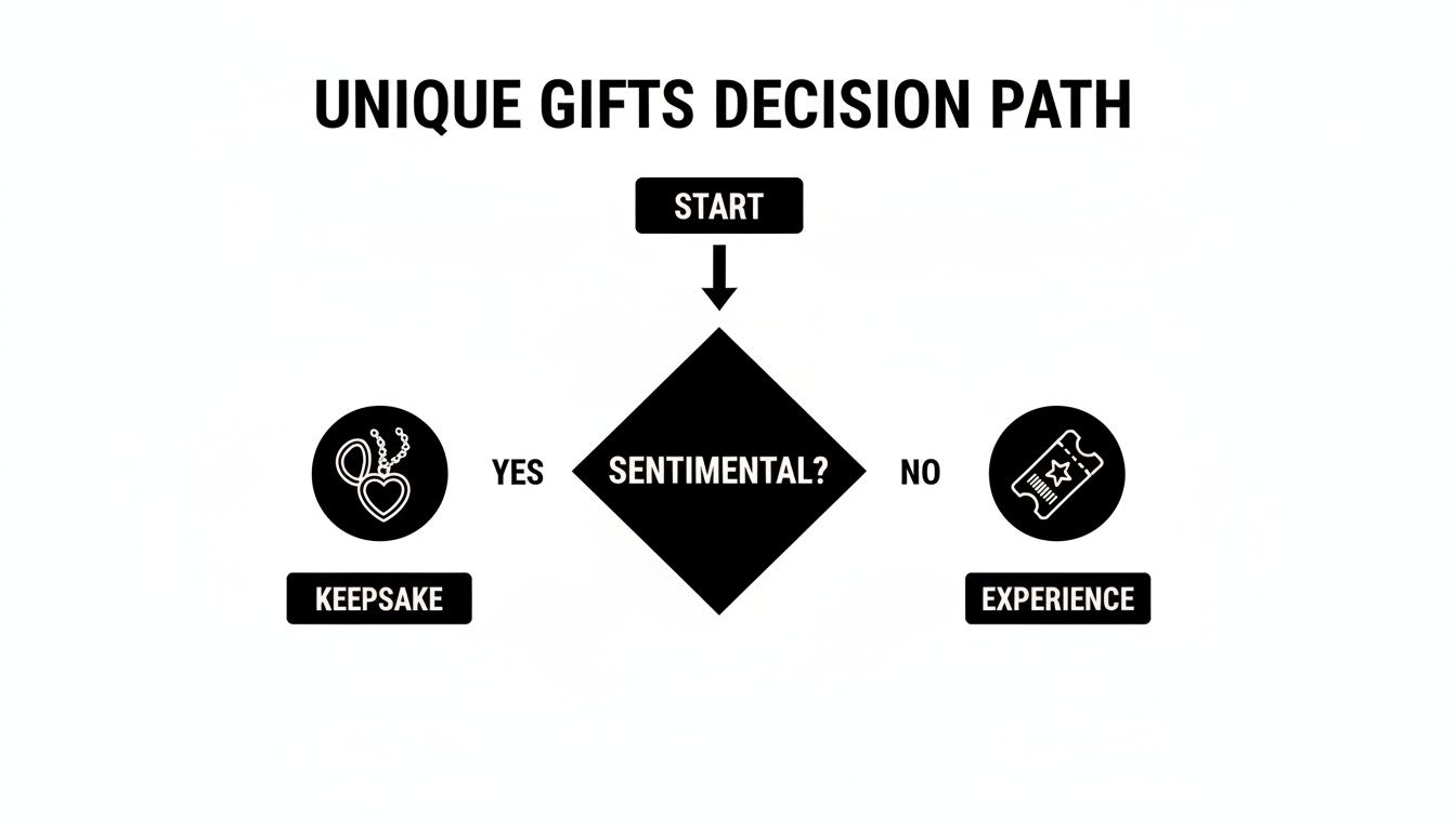 Flowchart for unique gift decision: sentimental leads to keepsake, non-sentimental to experience.