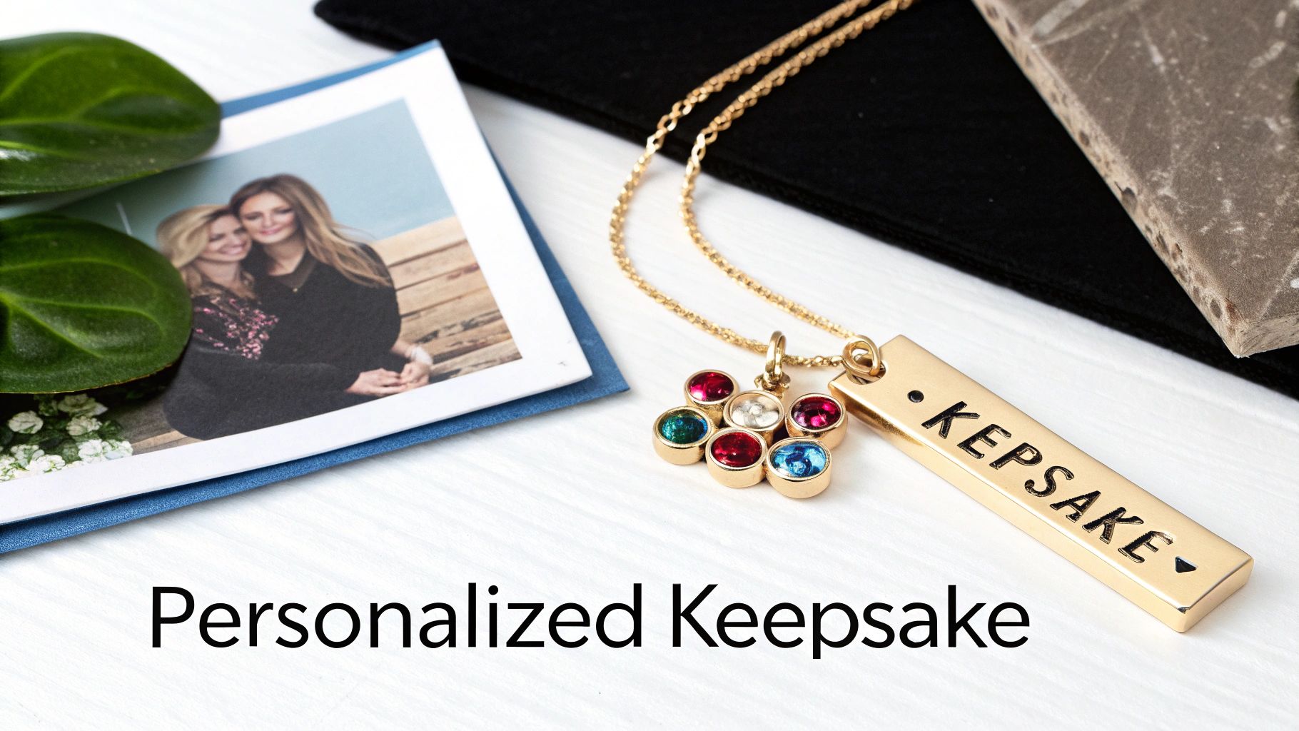 A gold 'Keepsake' necklace with colorful birthstones, a photo of two women, and green leaves.