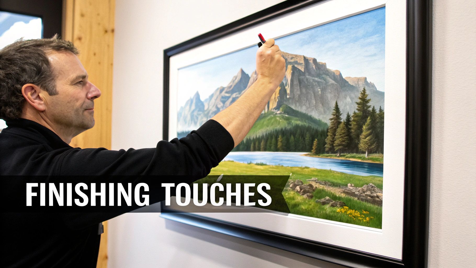 Man making finishing touches on a large framed landscape painting depicting mountains, a river, and trees.