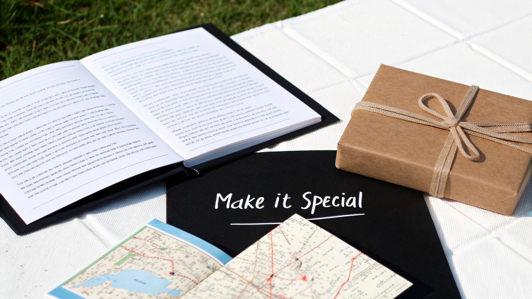 A brown gift box, open book, and travel maps on a white blanket, suggesting a special occasion.