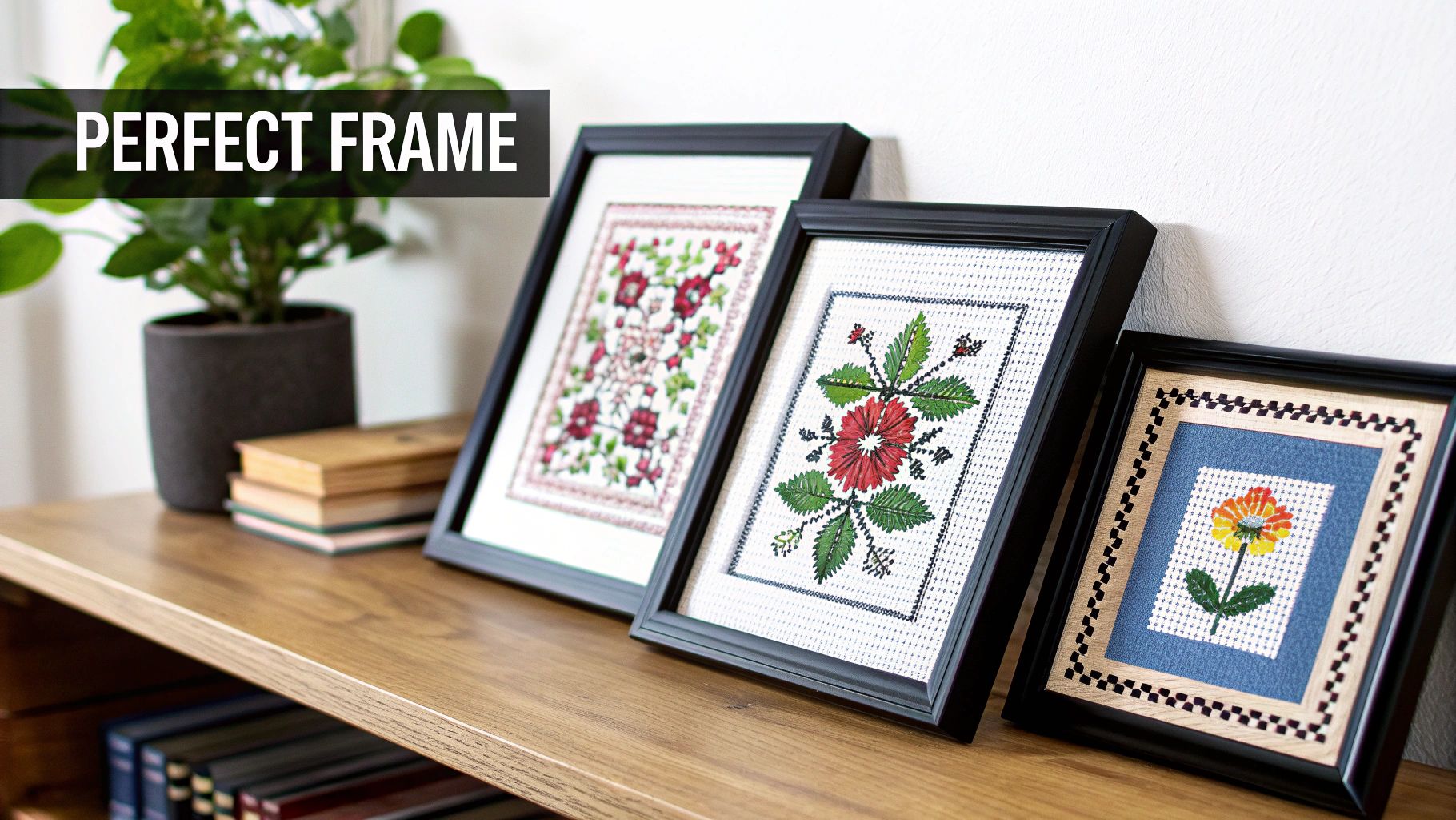 A beautifully framed cross stitch piece hanging on a wall, showcasing a floral pattern with a classic wooden frame and a white mat.
