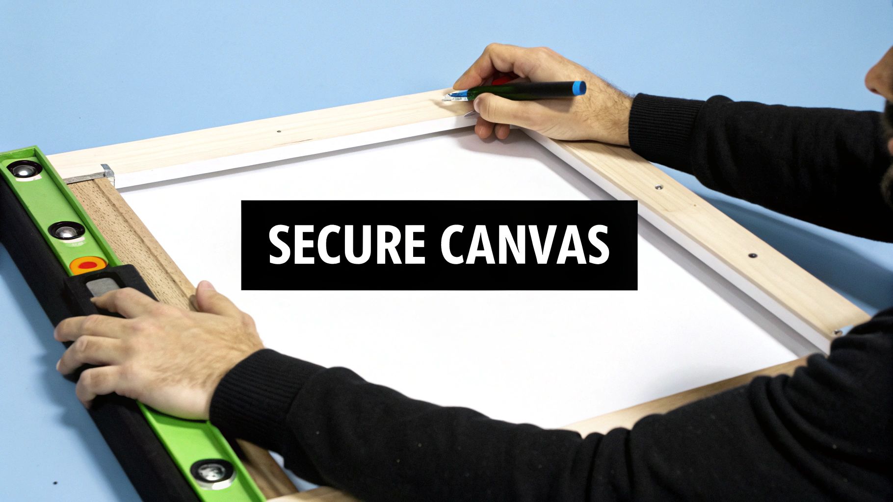 A man carefully secures a white canvas to a new wooden frame, using a tool and a level.