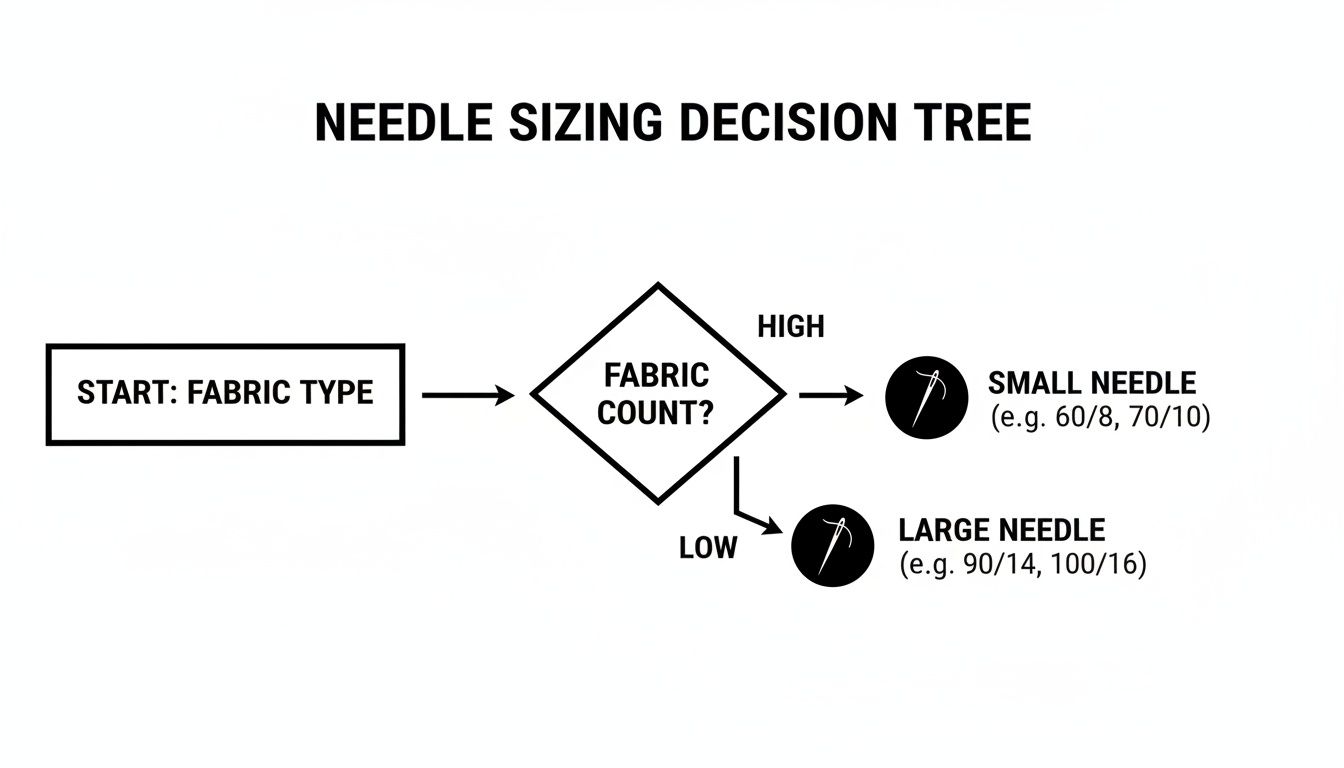 A decision tree diagram illustrating how to choose the correct needle size based on fabric count.
