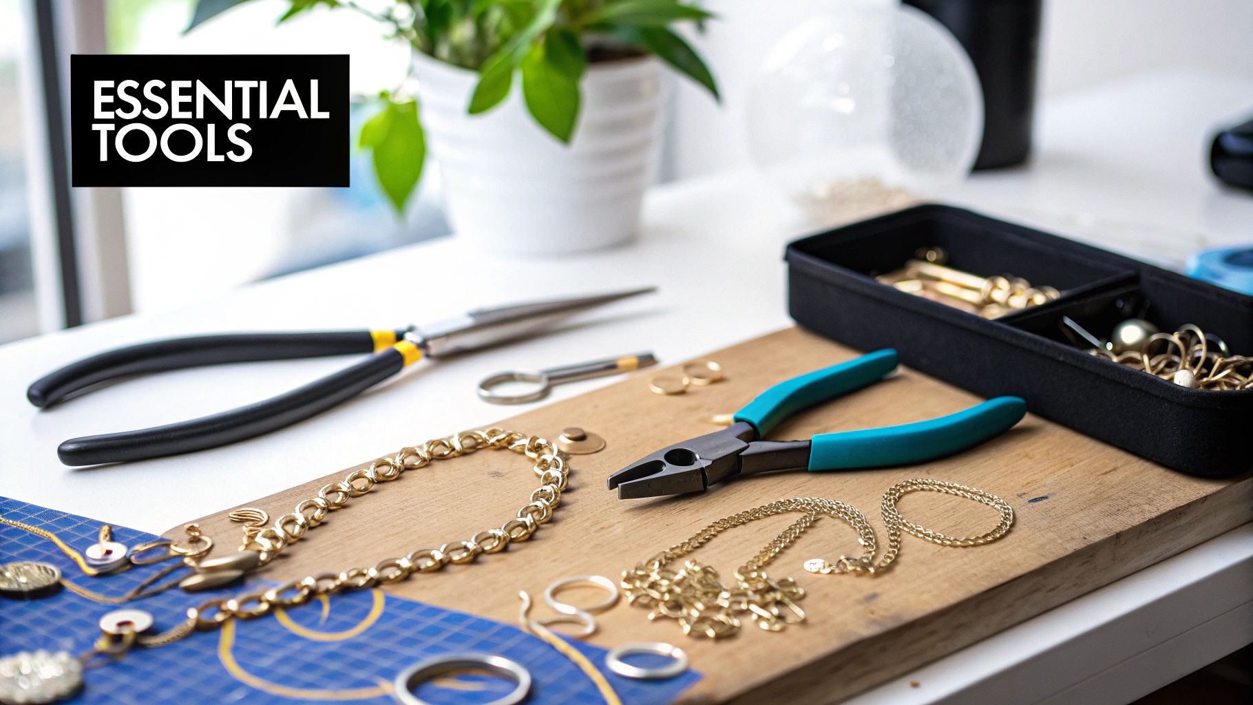 A jewelry making workspace with essential tools like pliers, gold chains, and findings on a wooden board.