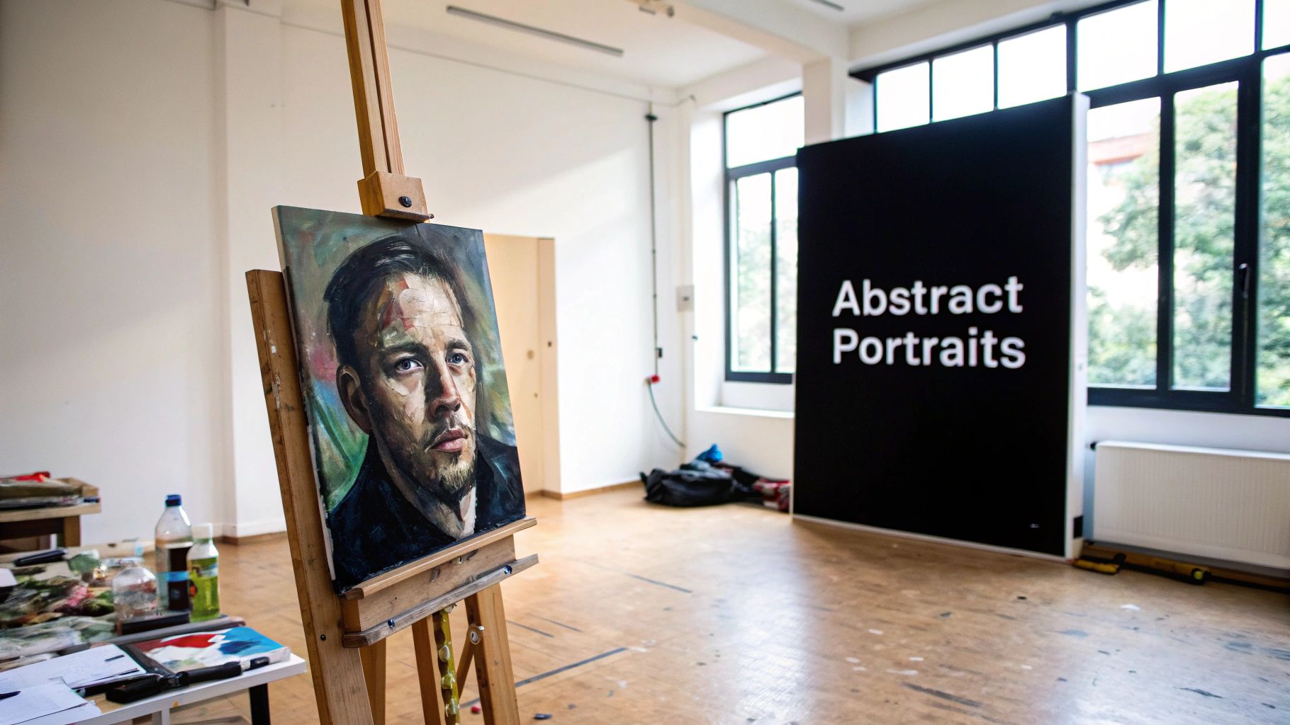 Colorful abstract portrait painting on wooden easel in bright art studio workshop