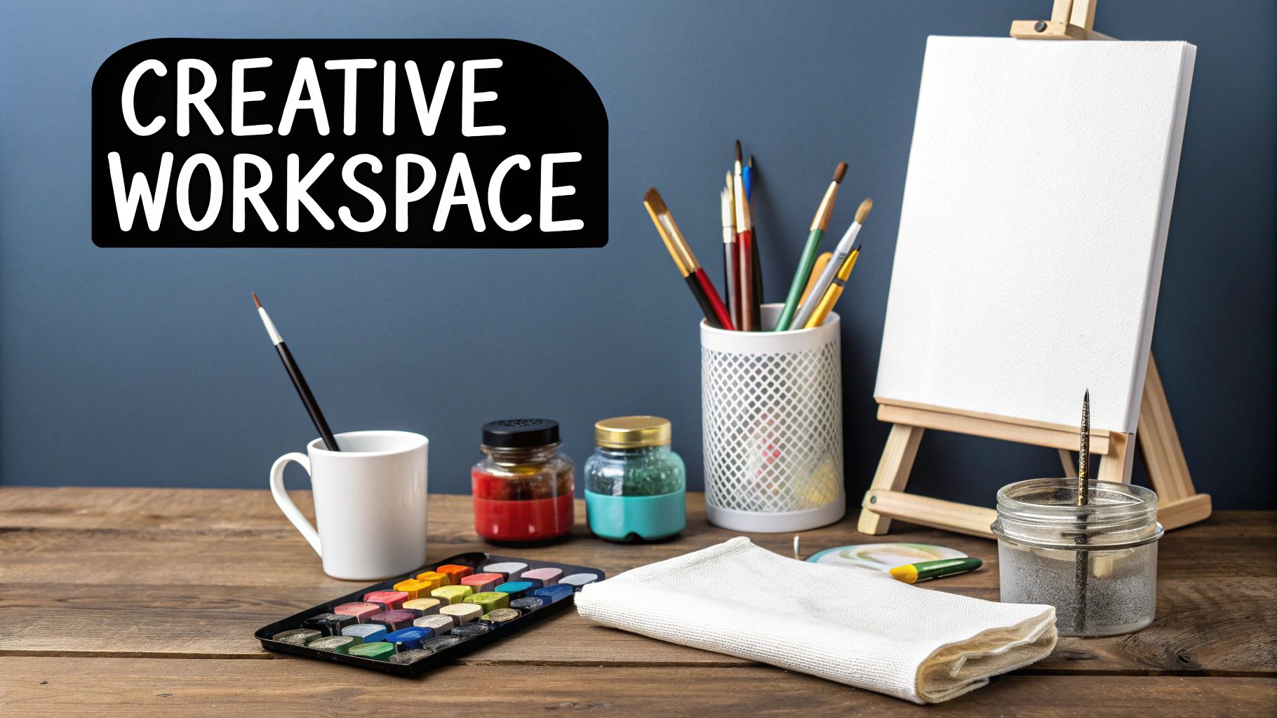 A vibrant creative workspace featuring an easel, canvas, paints, and brushes on a wooden table.