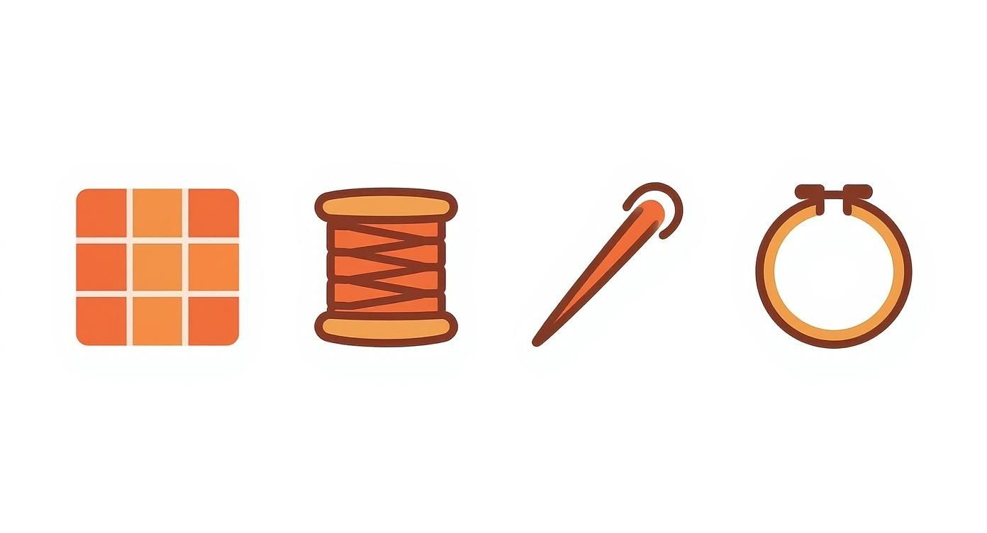 Four orange icons for sewing: fabric squares, thread spool, needle, and embroidery hoop.