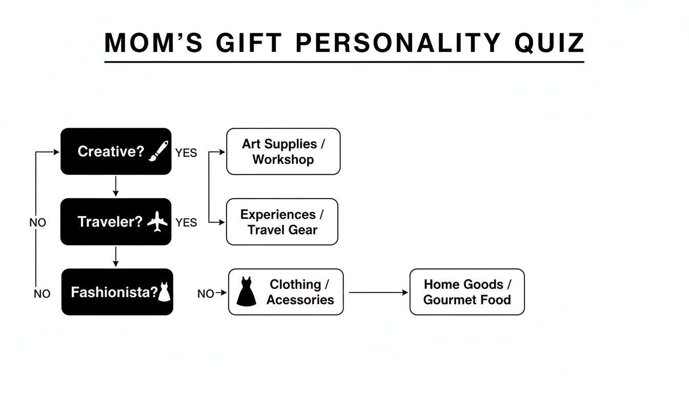 Flowchart 'Mom's Gift Personality Quiz' suggesting gifts like art supplies, travel gear, clothing, or home goods.