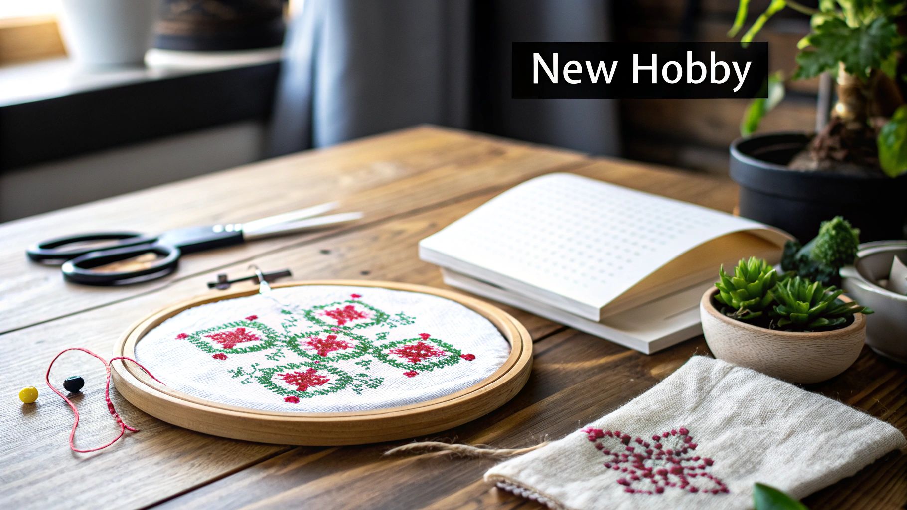 A close-up of a person cross stitching a colorful pattern onto fabric held in an embroidery hoop.