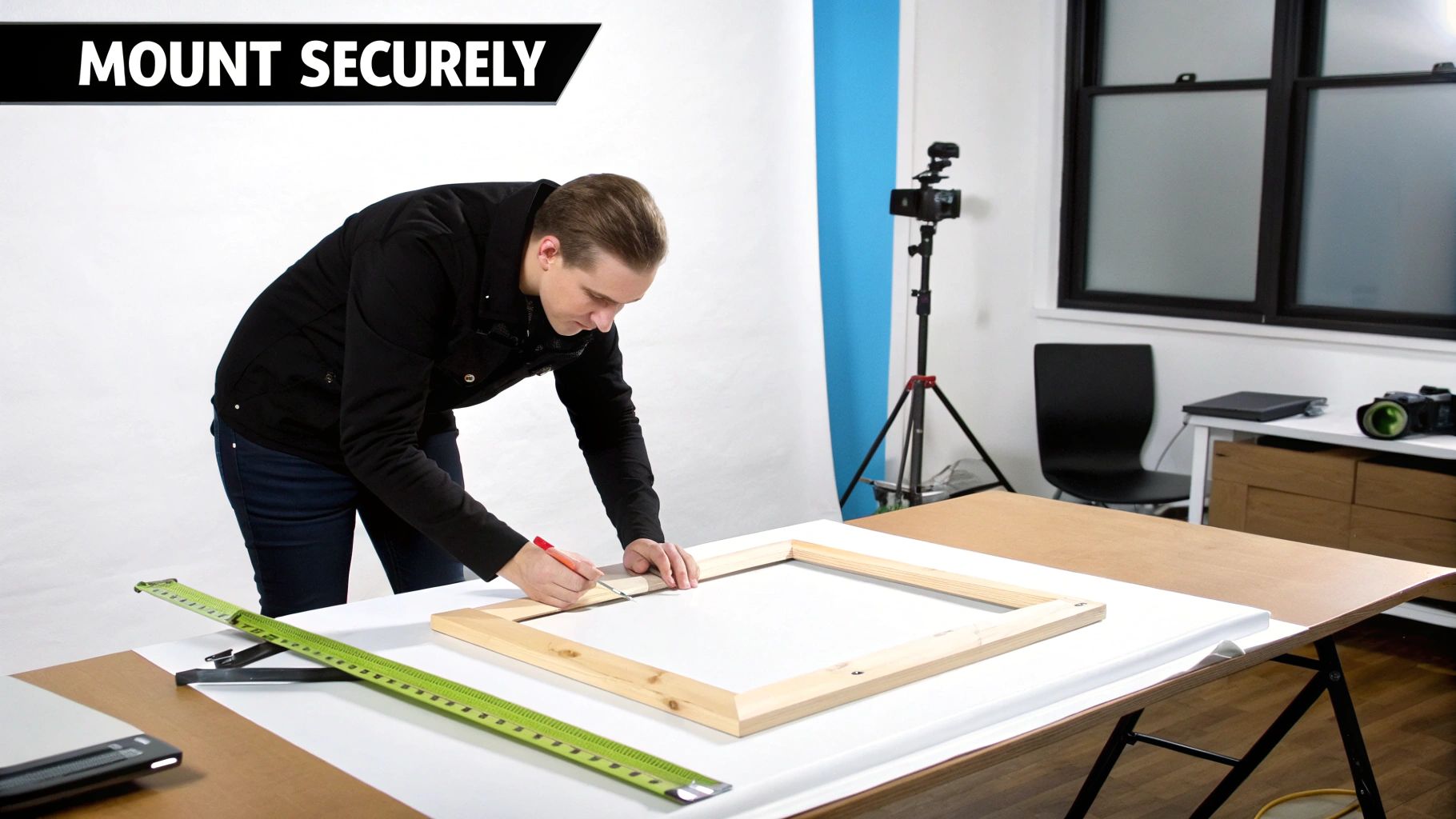 A man in a black jacket marks a wooden canvas frame on a table with a red pen.
