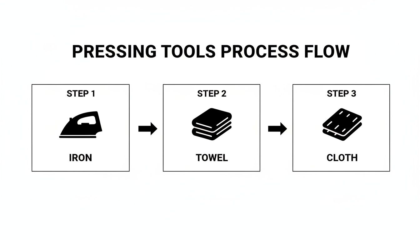 A process flow diagram illustrates pressing tools steps: iron, towel, and cloth, in sequence.