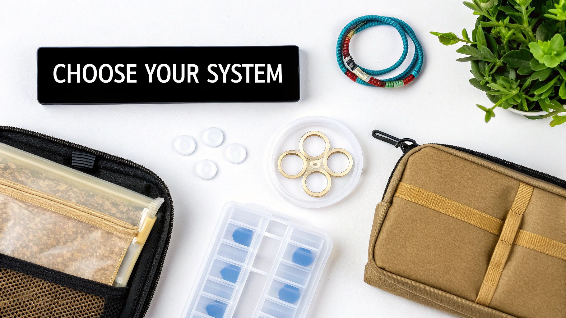Flat lay of various organizing supplies including pouches, containers, and a 'CHOOSE YOUR SYSTEM' sign.
