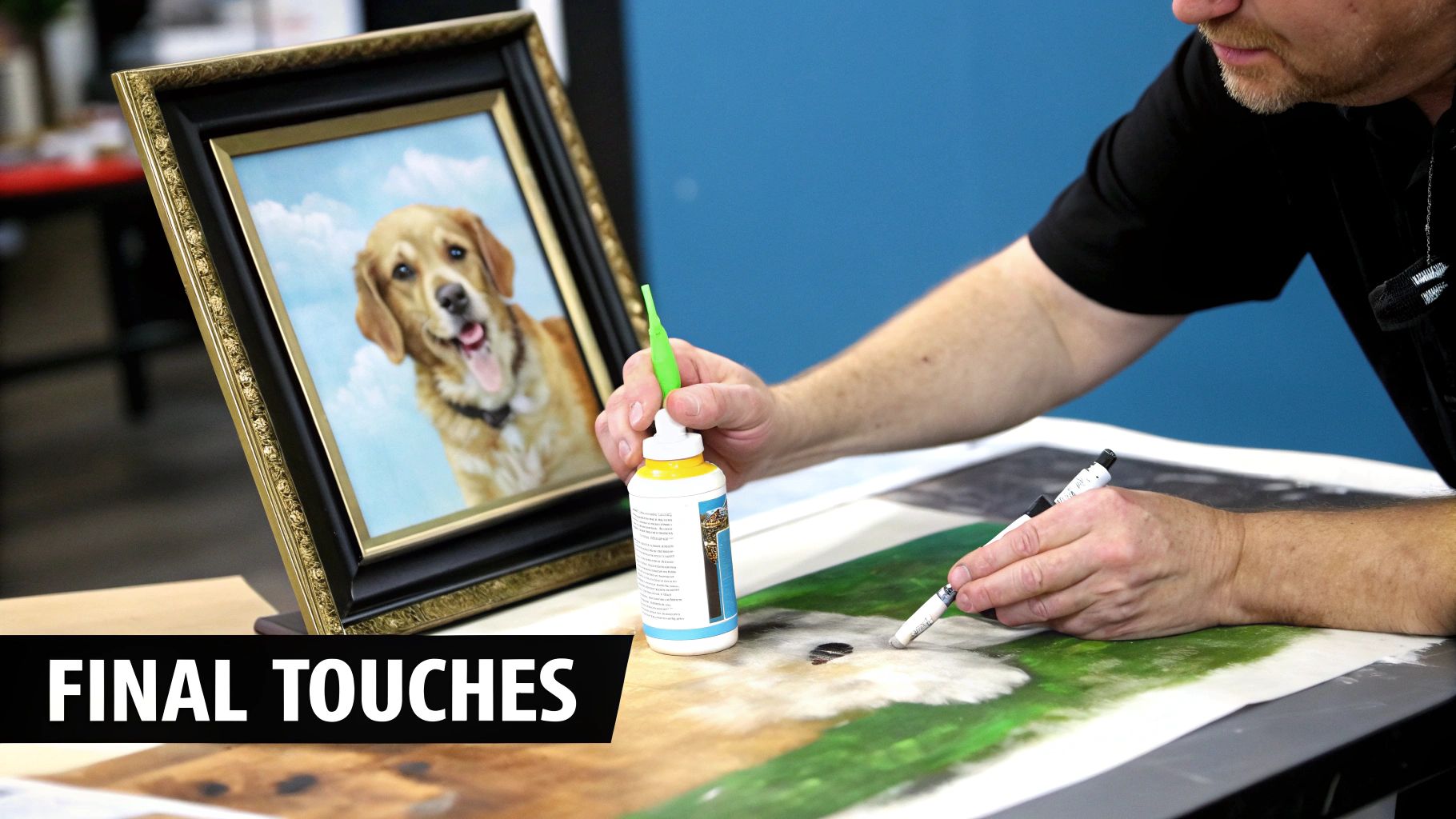 A finished paint your pet by number portrait of a corgi hanging on a wall.