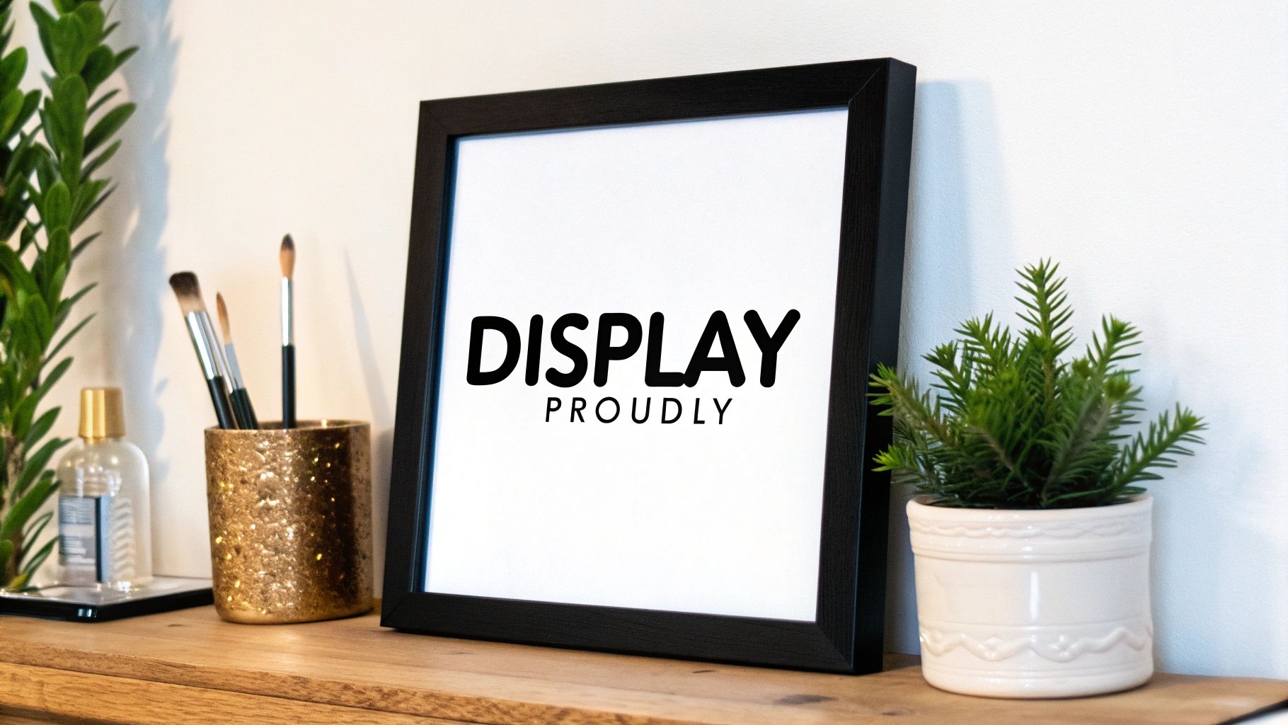 A black framed picture with "DISPLAY PROUDLY" text rests on a wooden shelf next to art supplies and plants.