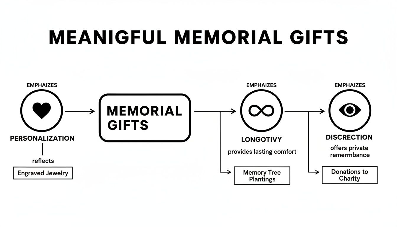 Flowchart illustrating meaningful memorial gift ideas, emphasizing personalization, longetivity, and discretion.