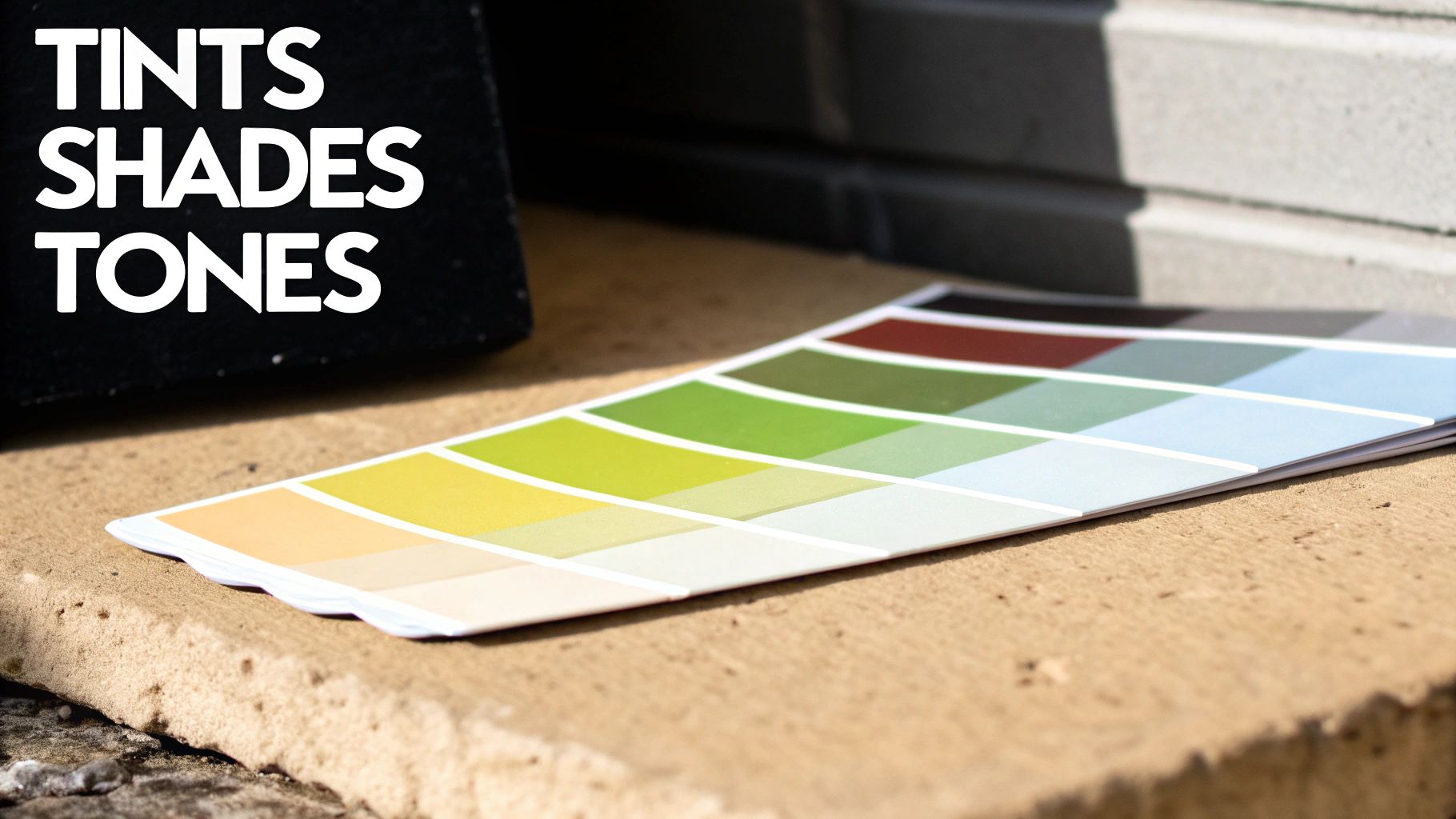 Color swatch book illustrating tints, shades, and tones, placed on a textured outdoor surface.