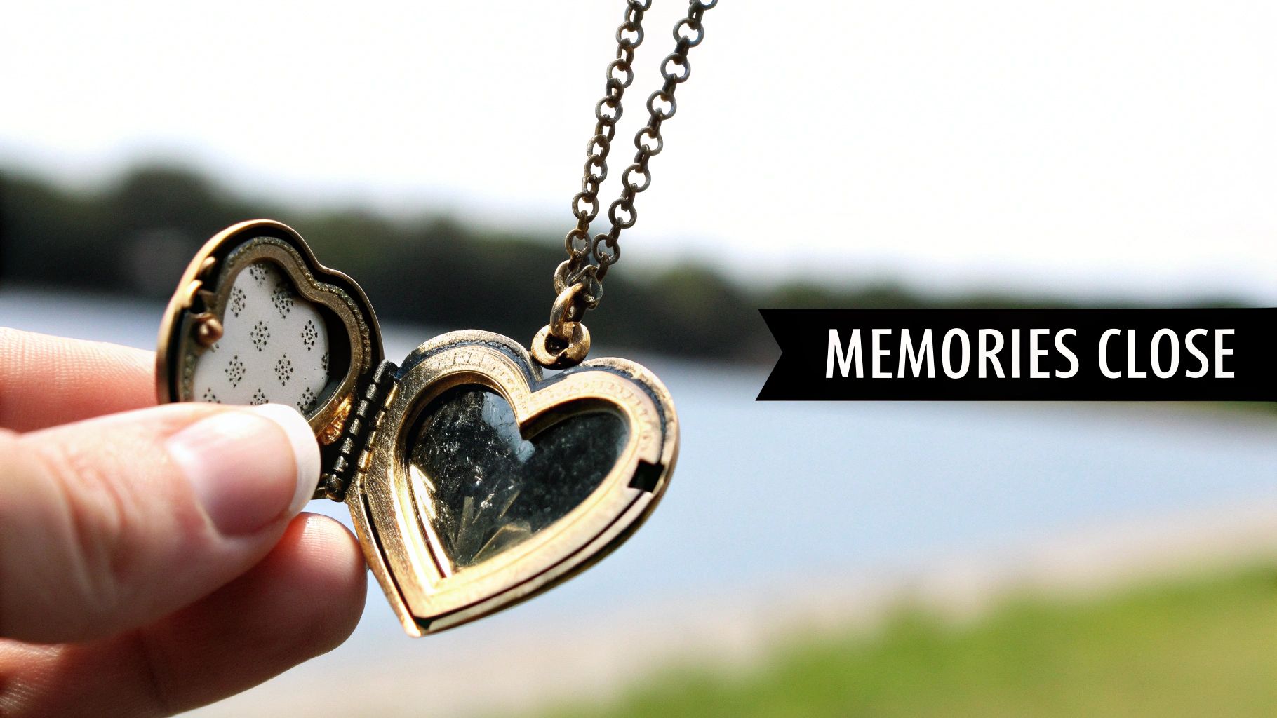 A hand holds an open, ornate gold heart locket on a chain, showing its patterned interior outdoors.