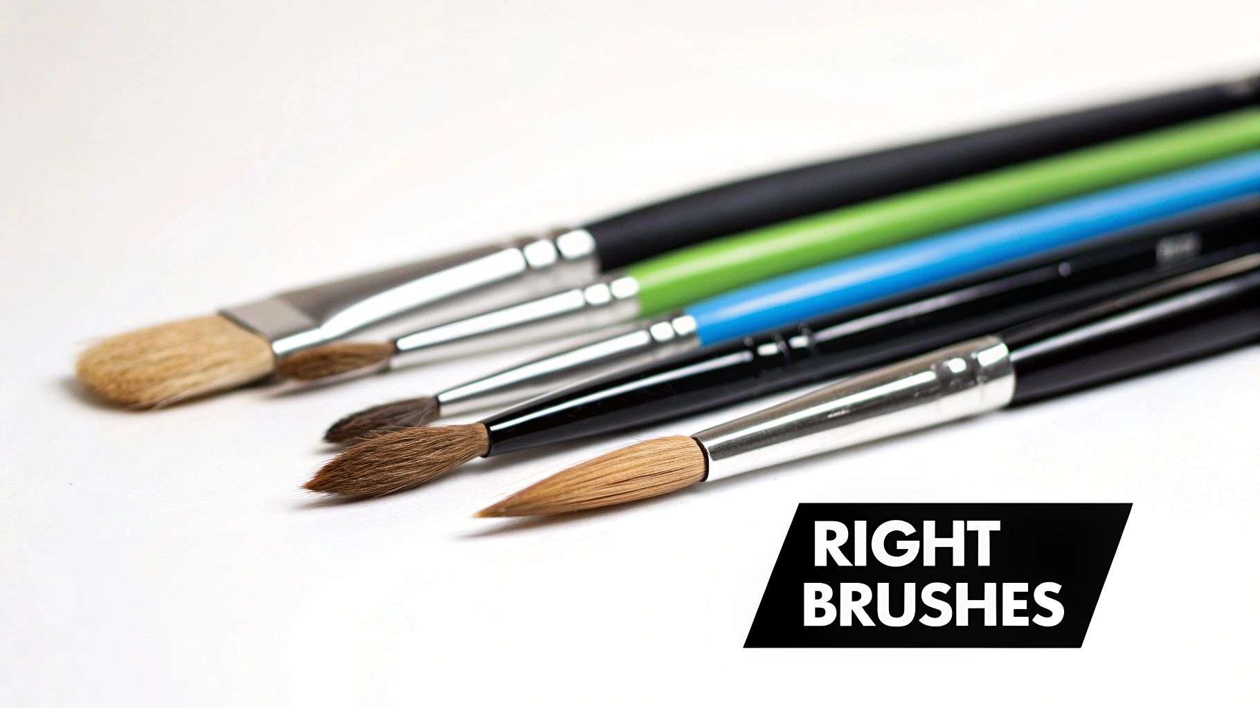 A collection of artist paintbrushes with various bristles and colorful handles on a clean white background, showcasing "RIGHT BRUSHES".