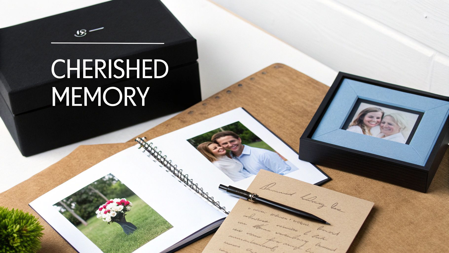 A black gift box, an open photo album, and a framed picture of women, symbolizing cherished memories.