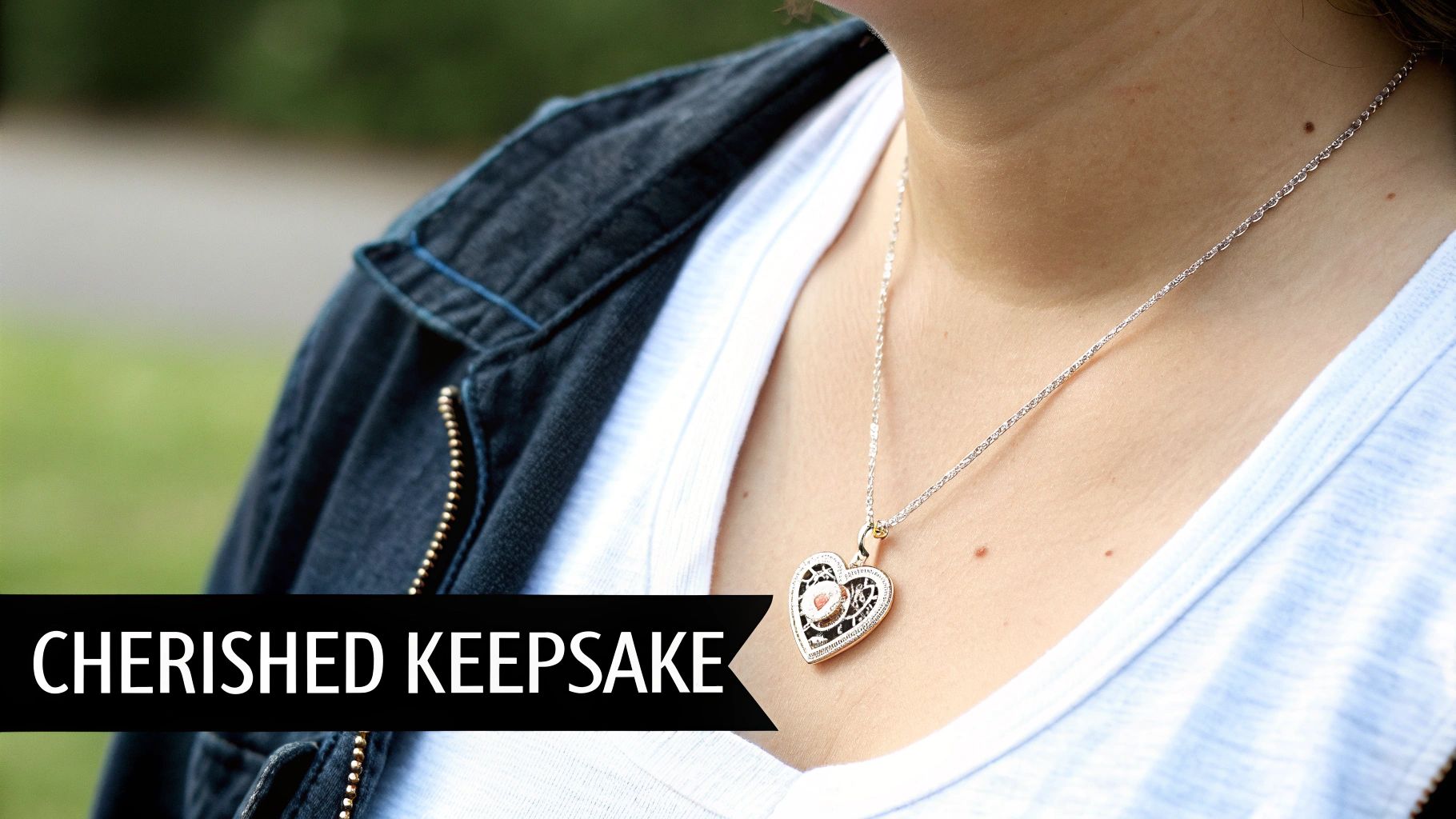 A close-up of a personalized memory necklace showing the central projection stone where a photo is hidden.