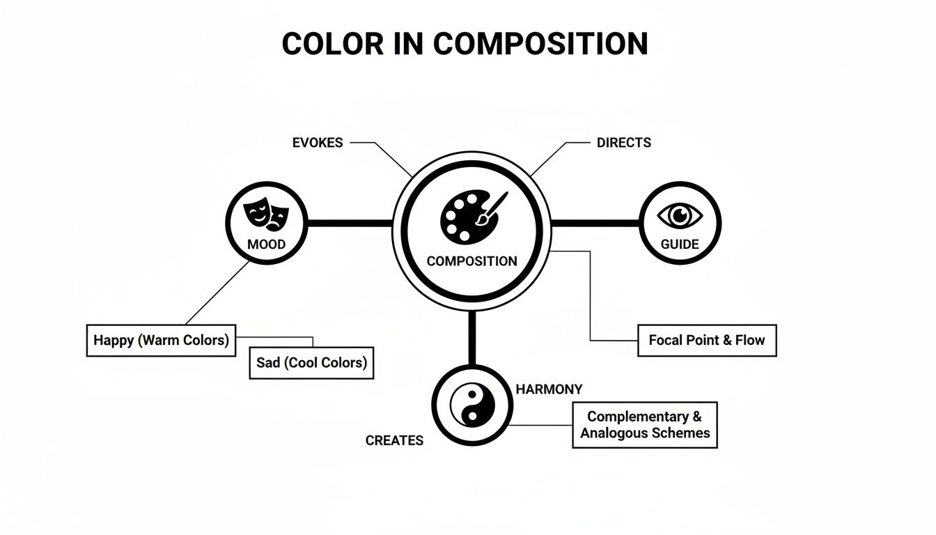Diagram illustrating how color in composition evokes mood, directs the eye, and creates harmony.