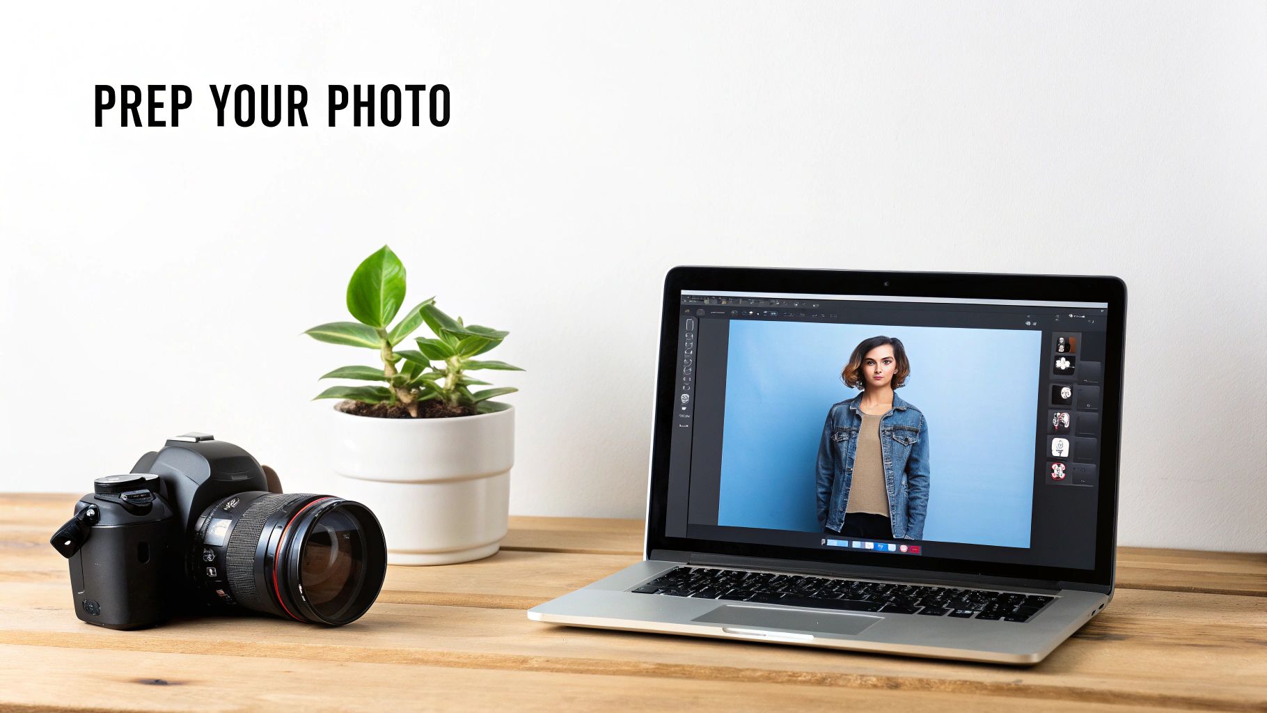 Laptop on a desk showing a woman's photo, camera, and plant. Text says 'PREP YOUR PHOTO'.