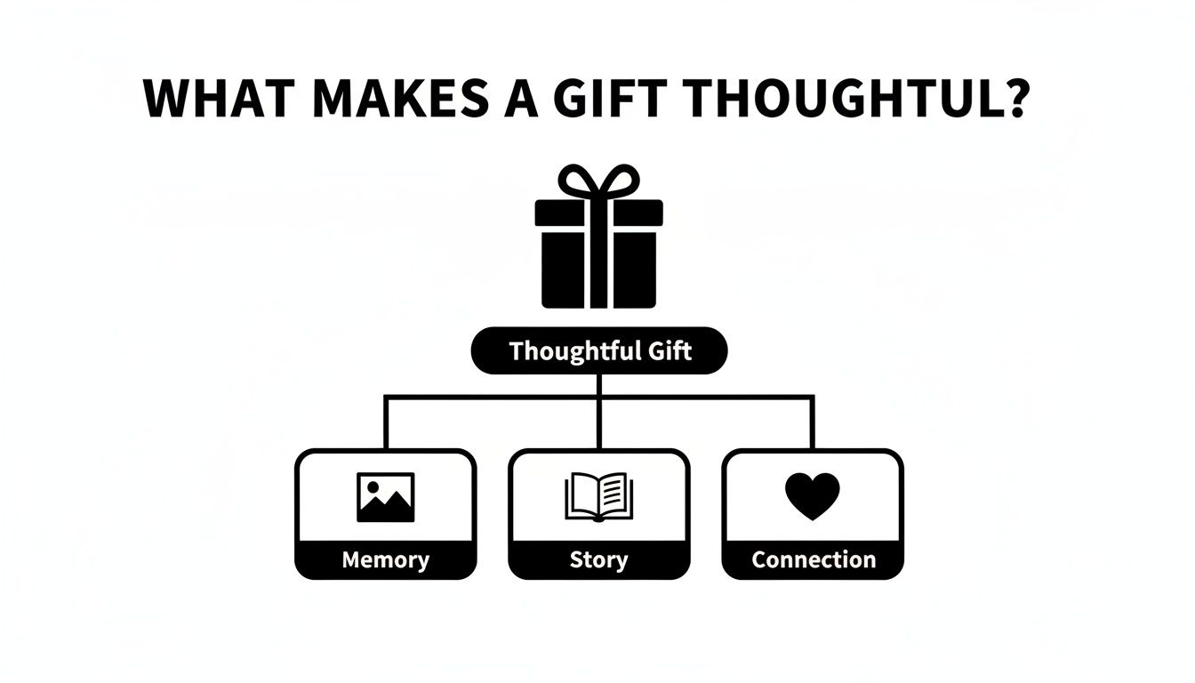 Diagram illustrating what makes a gift thoughtful, showing connections to memory, story, and connection.