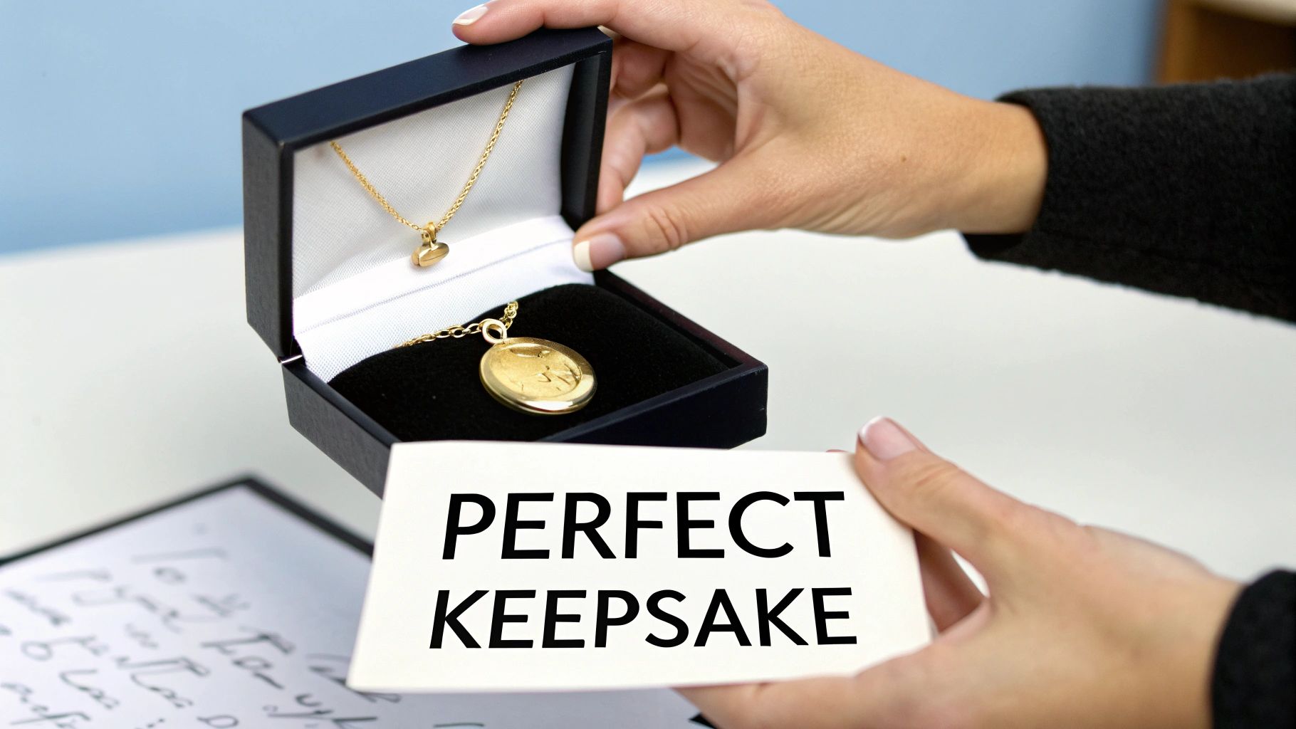 A person holds an open black jewelry box with a gold heart necklace and a gold photo locket inside. They also hold a card saying 'Perfect Keepsake'.