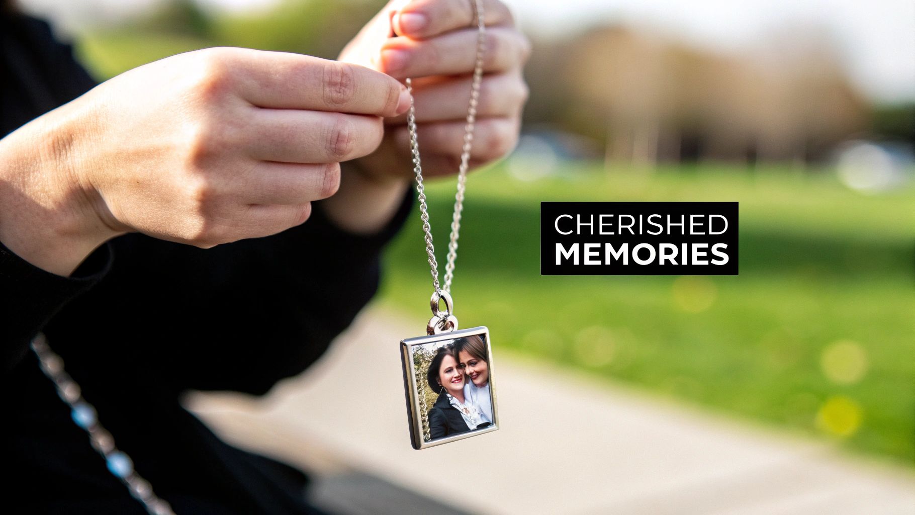 Close-up of hands holding a silver chain necklace with a square locket containing a photo of two smiling women.