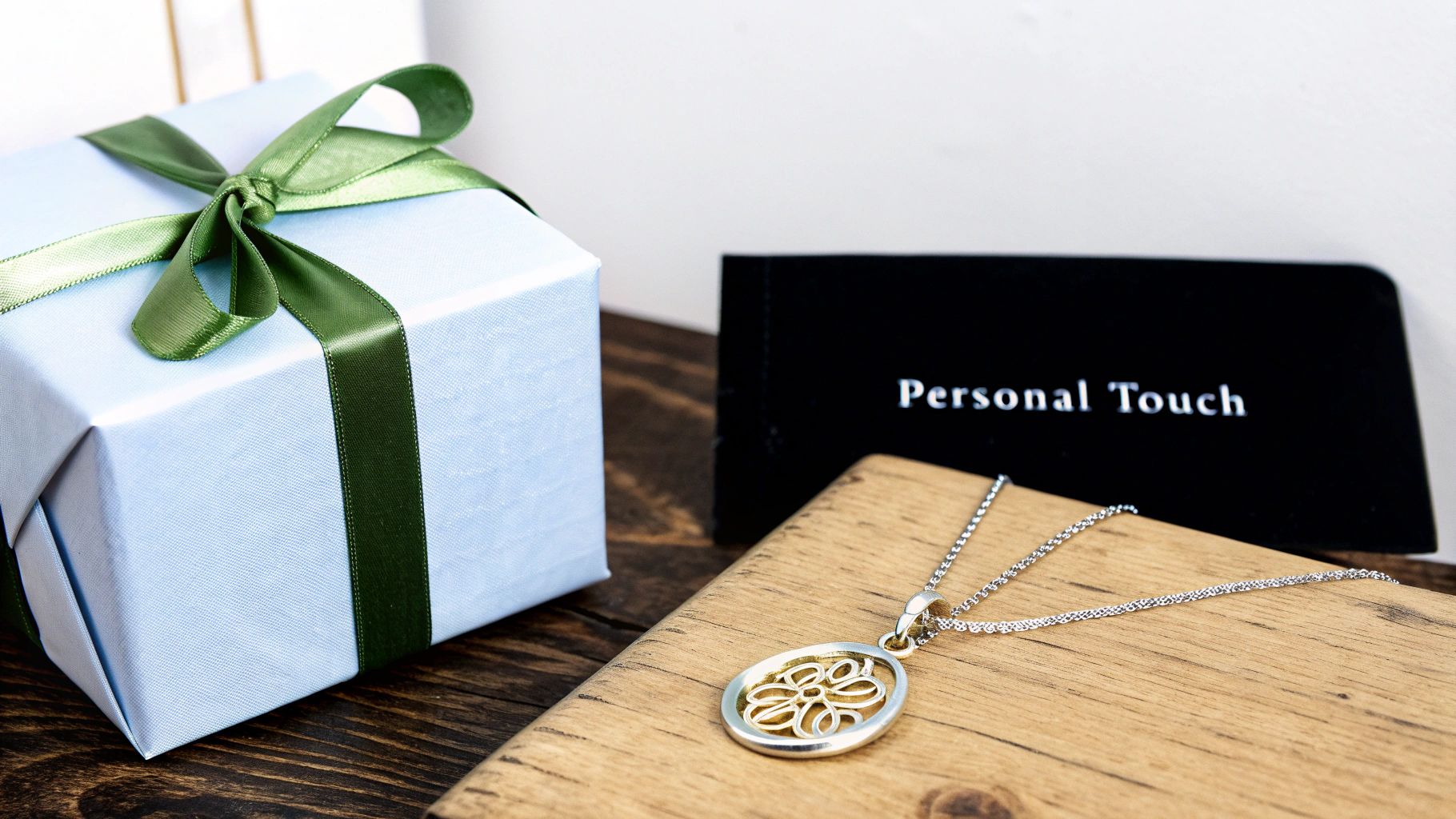 A beautifully wrapped light blue gift box with a green ribbon, next to a silver necklace with a gold flower pendant on wood.