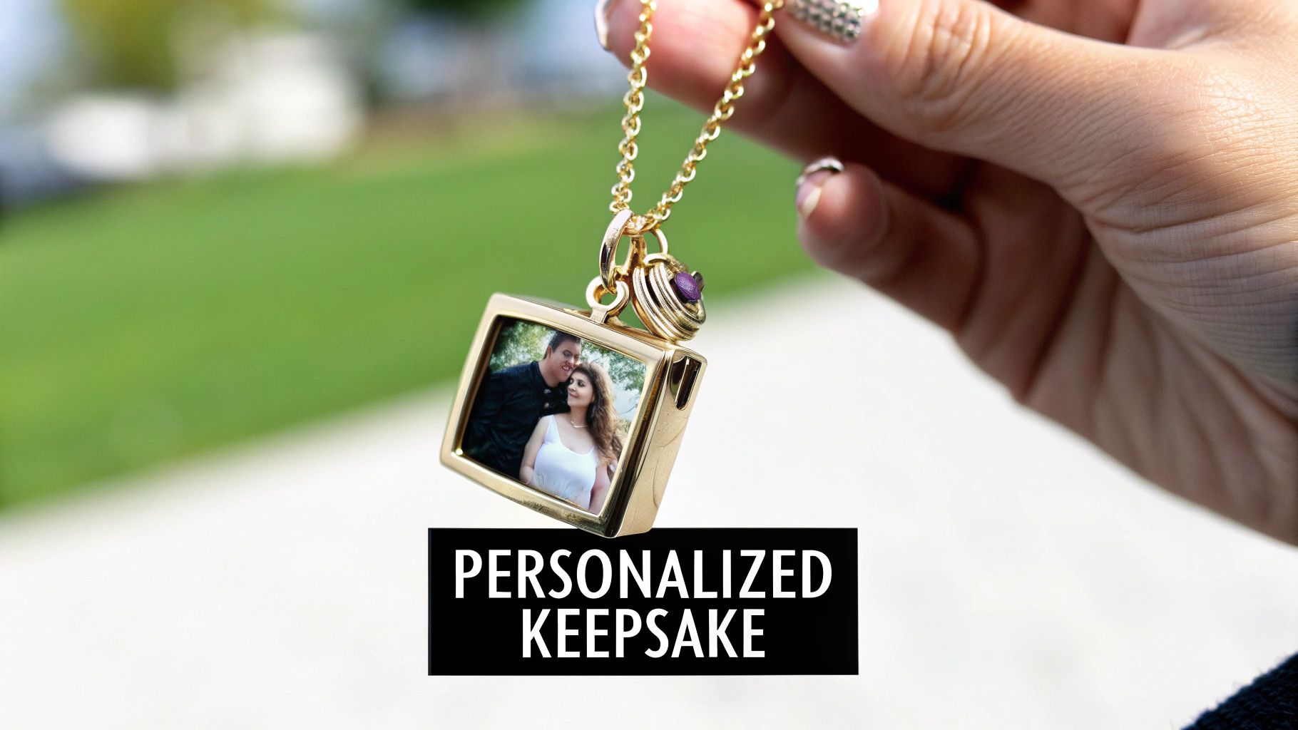 A hand holds a personalized gold locket necklace with a photo of a happy couple inside.