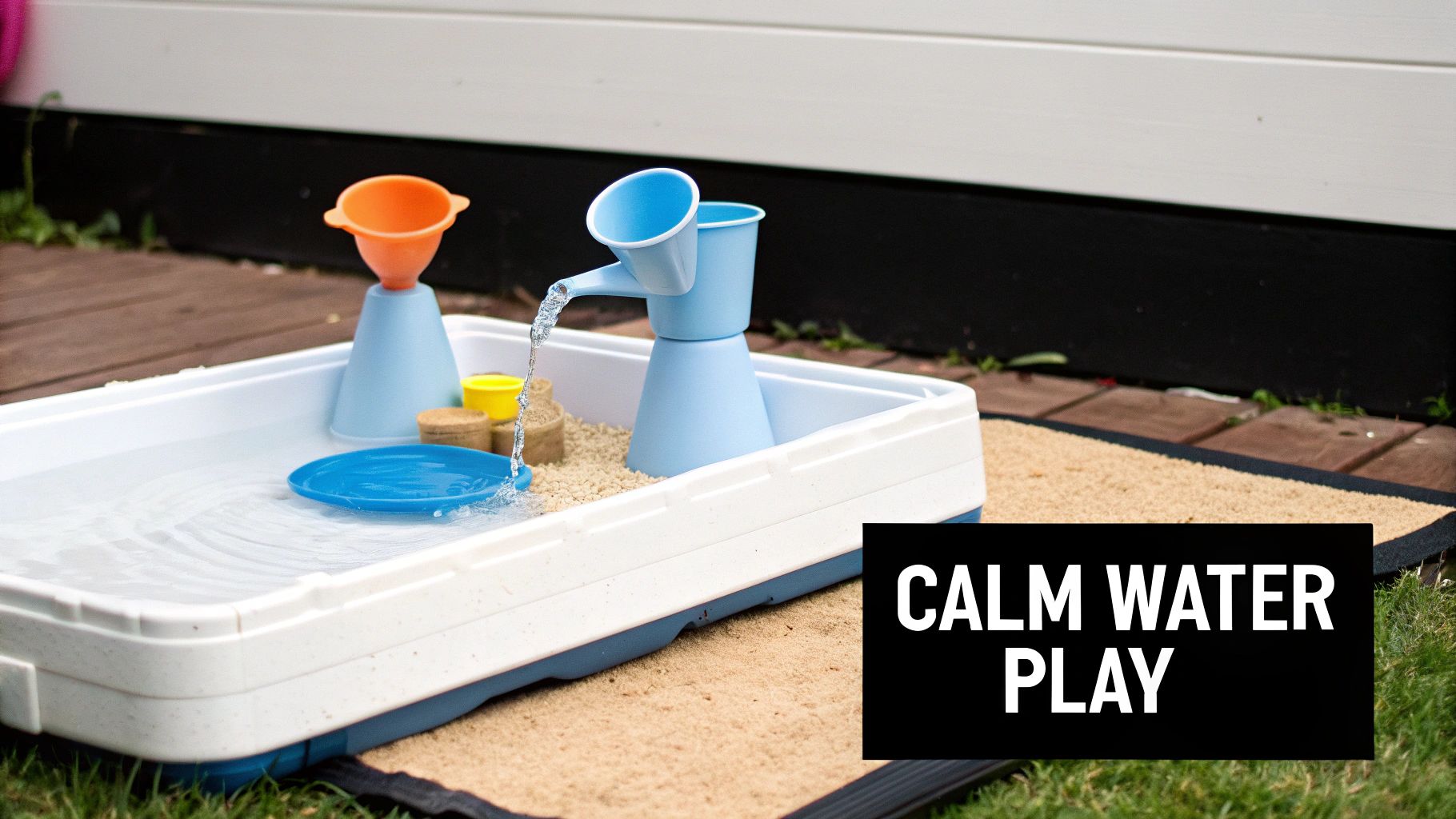 A calm water play setup with a white tray, sand, water, and blue and orange funnels, on a mat outdoors.