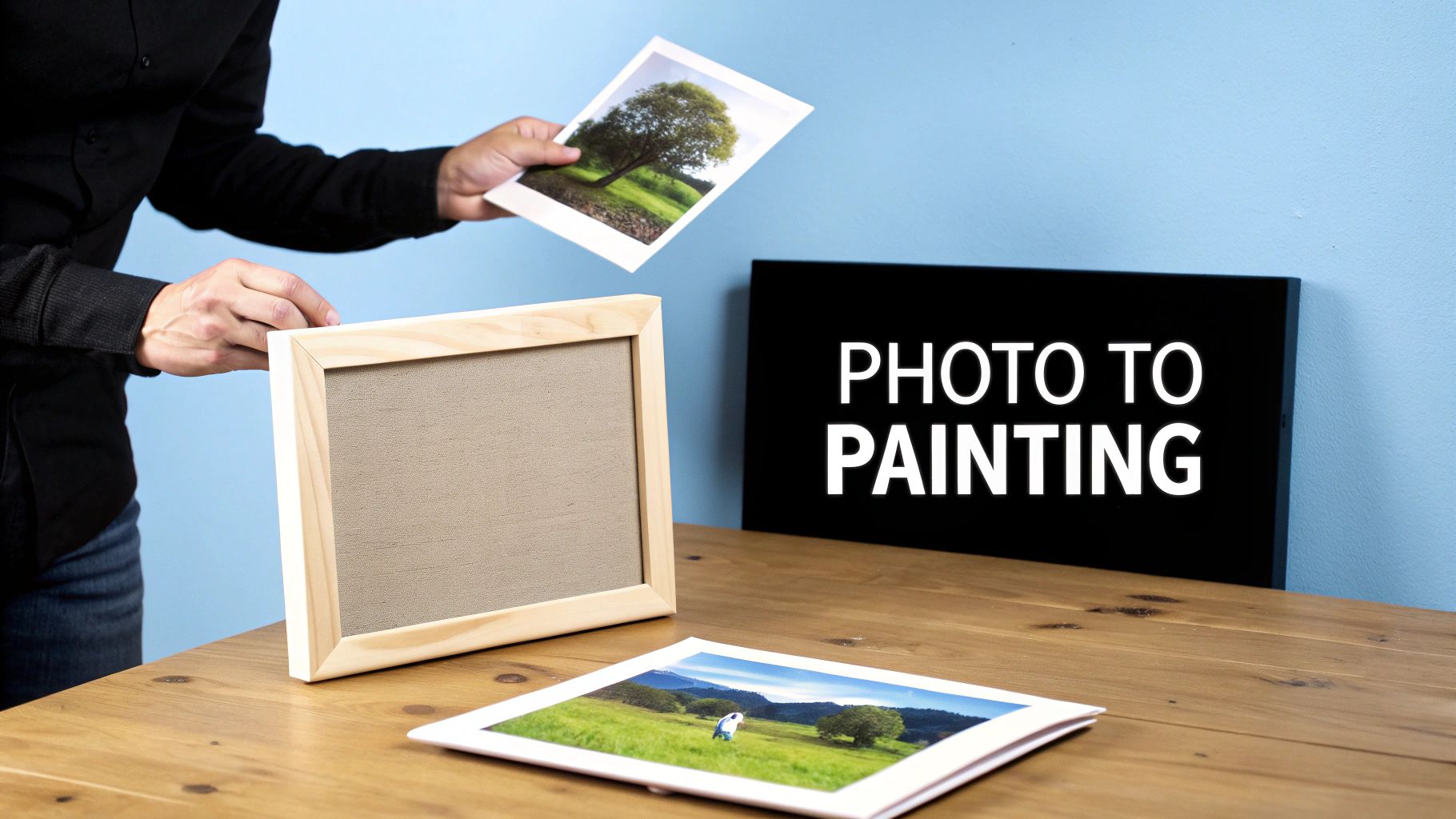 A person prepares to frame a photograph of a tree, with a 'PHOTO TO PAINTING' sign.