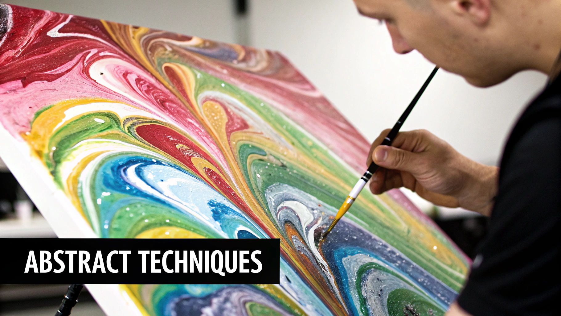 A person meticulously adds details to a vibrant, swirling abstract painting with a fine brush, showcasing fluid art techniques.