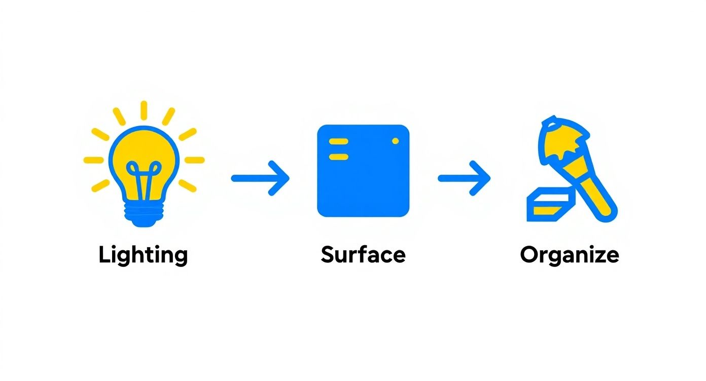Diagram showing three steps: Lighting (lightbulb icon), Surface (blue square icon), and Organize (paintbrush icon) with arrows.