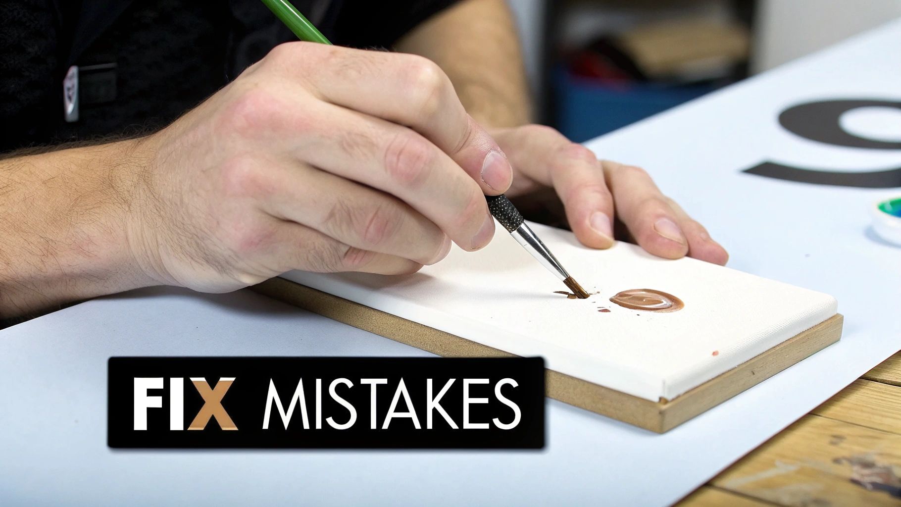 A person's hands carefully mix brown paint on a white canvas with a fine brush, with 'FIX MISTAKES' text overlay.