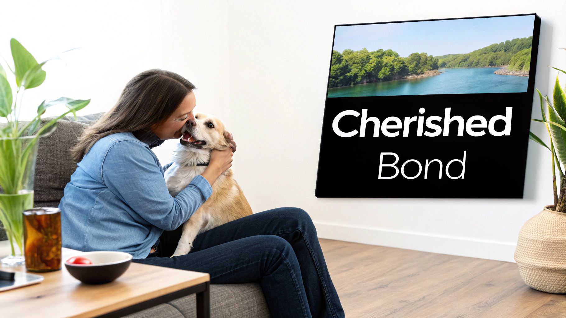 A woman affectionately kisses her dog on a couch, with a "Cherished Bond" picture frame nearby.