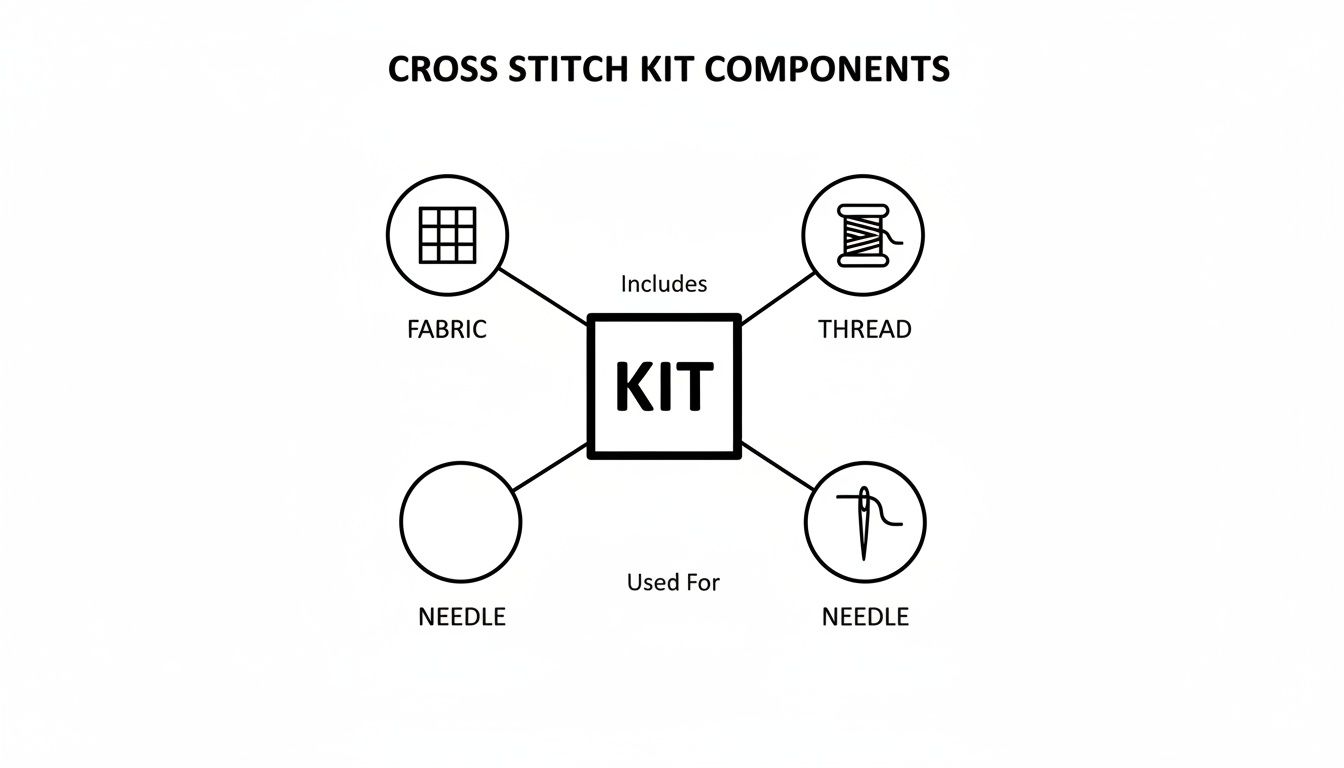 A black and white diagram illustrating the components of a cross stitch kit, including fabric, thread, and a needle.