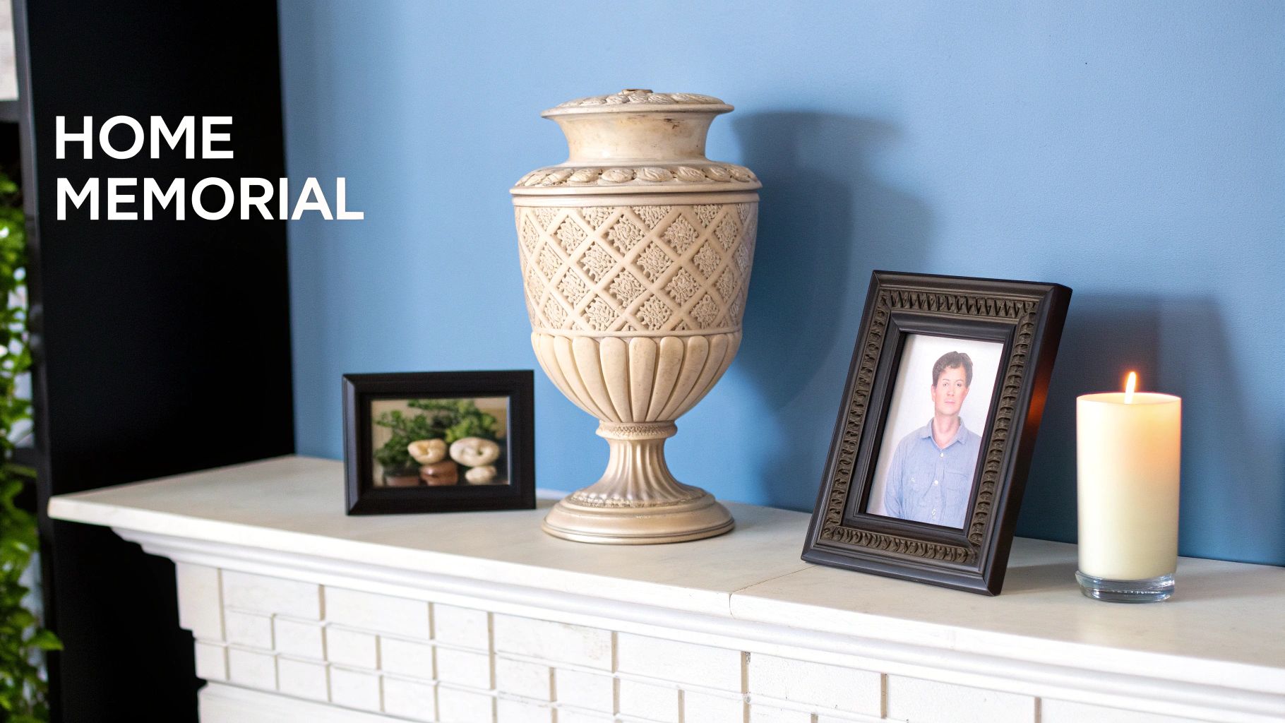 A home memorial setup with a decorative urn, a framed photo, and a lit candle on a mantel.