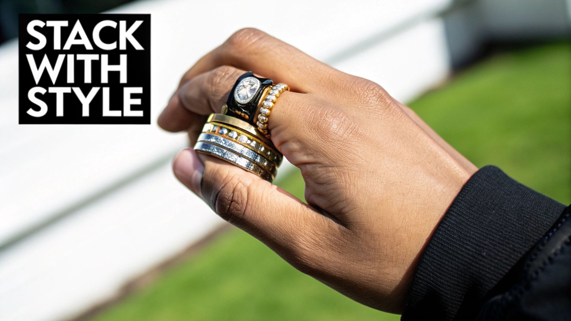 A person's hands adorned with several rings, including a promise ring, and a bracelet, showcasing a layered and stylish jewelry look.