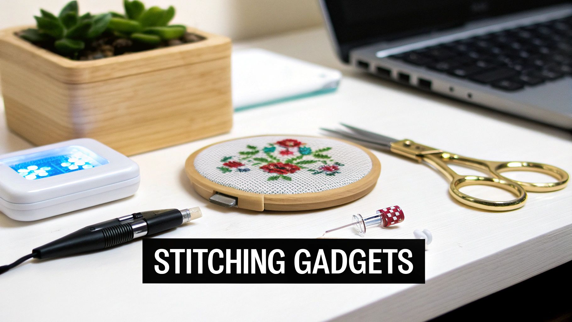 Close-up of a magnetic needle minder on a cross stitch project, with a needle resting on it.