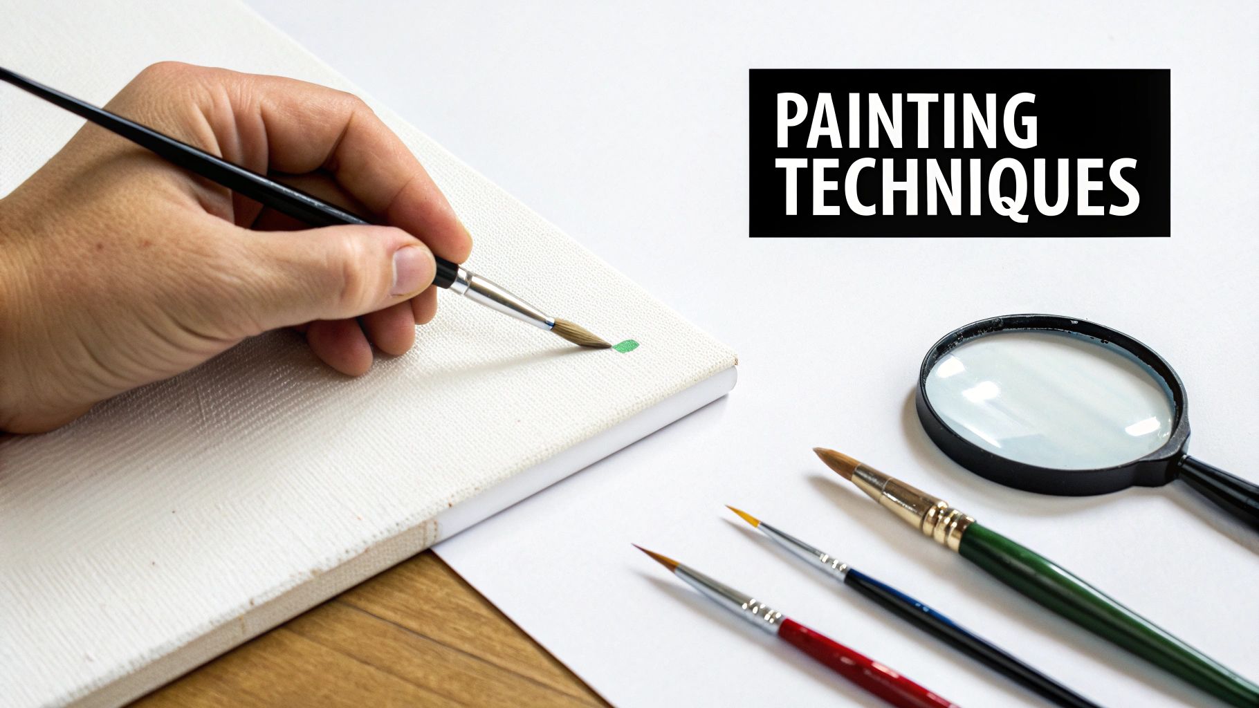 A hand paints a small green leaf on a white canvas, surrounded by various paintbrushes and a magnifying glass.