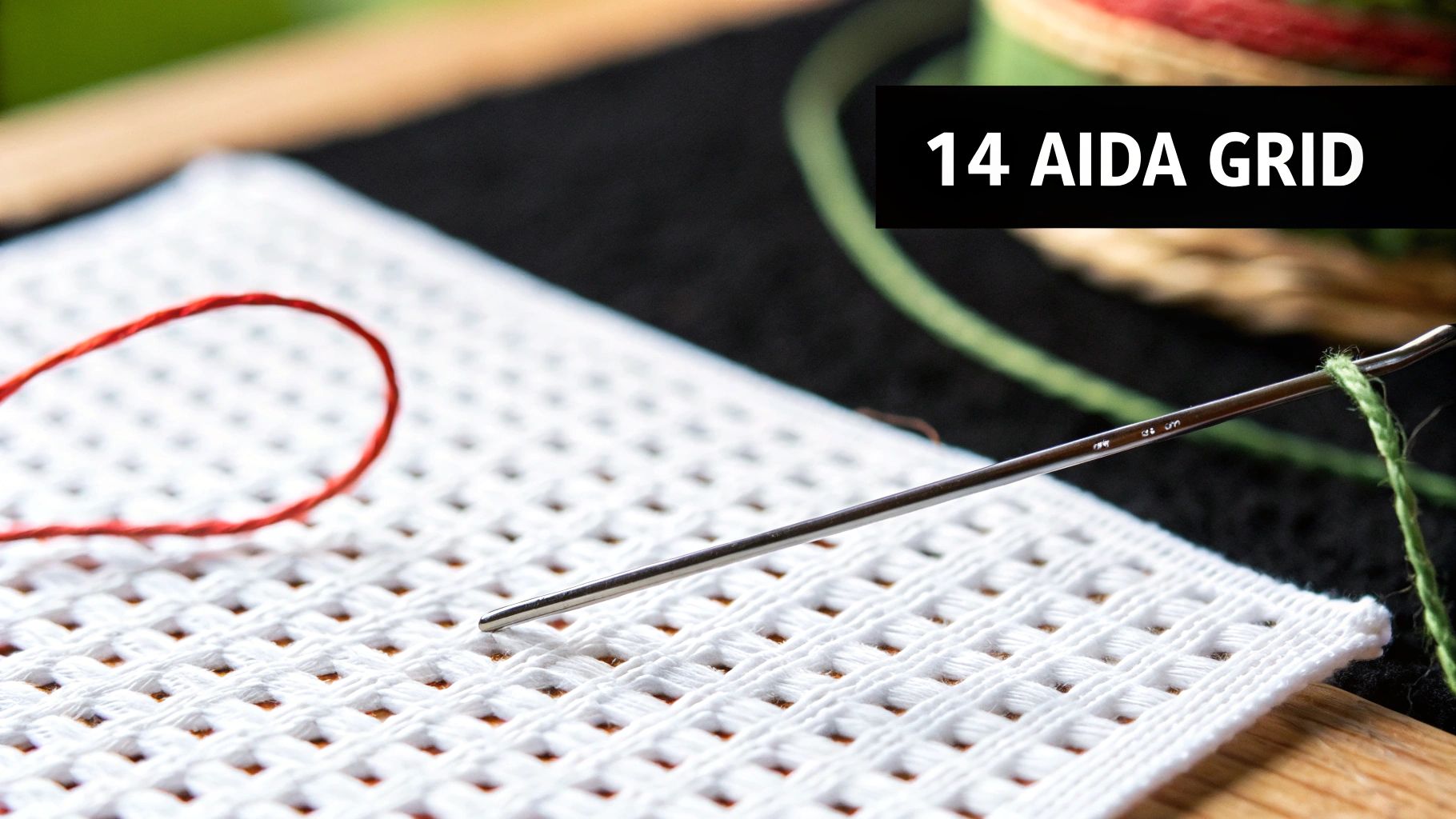 A close-up view of white 14 count Aida fabric, showing its grid-like weave for cross-stitching