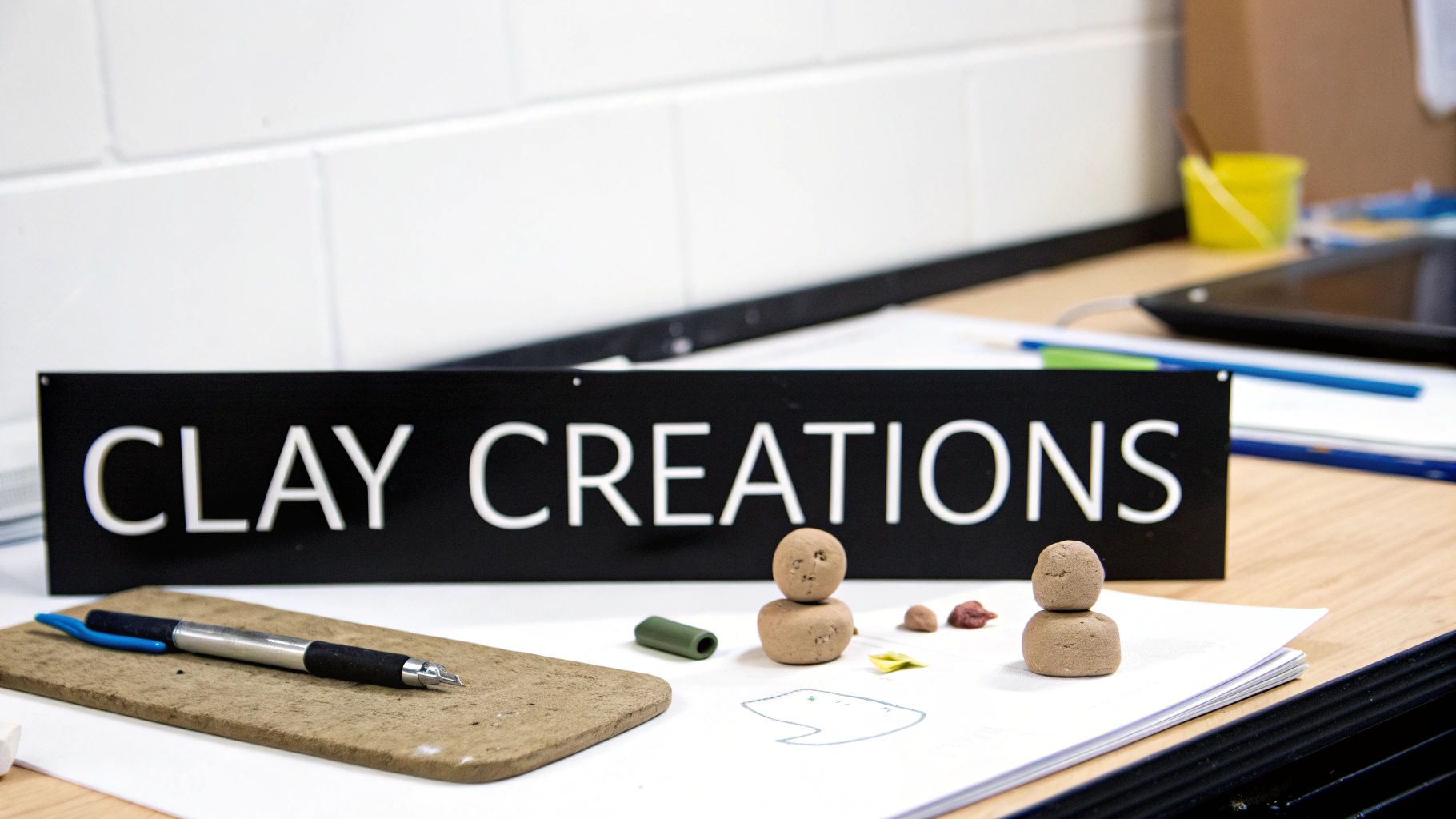 A 'Clay Creations' sign stands on a wooden desk with small clay figures, a pen, and paper.