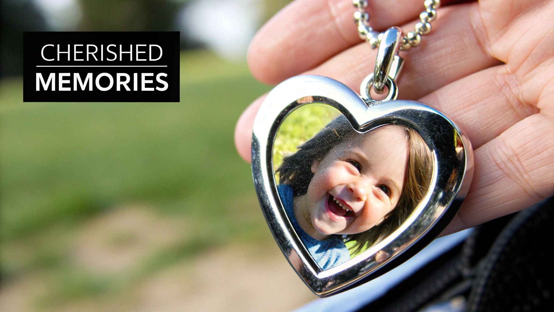 A close-up of a silver necklace pendant showing a detailed picture engraving of a person's face.