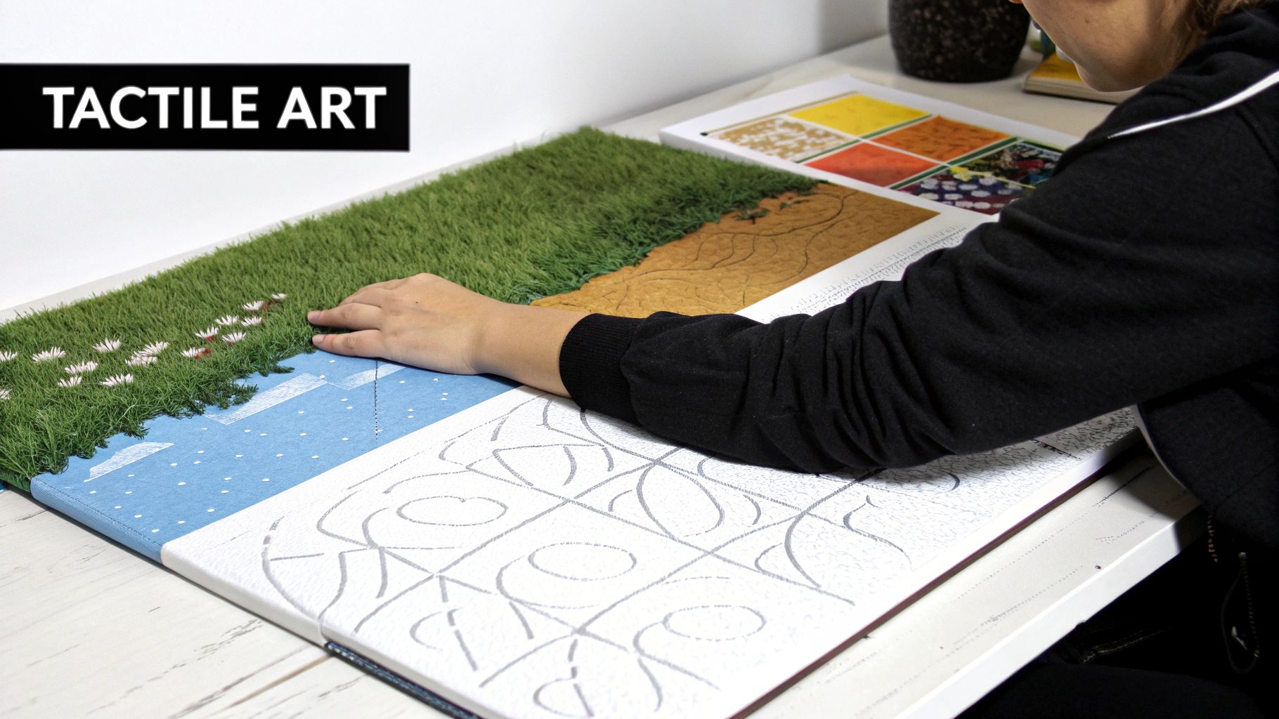 A person's hand explores a multi-textured tactile art piece, featuring grass, water, and geometric patterns.