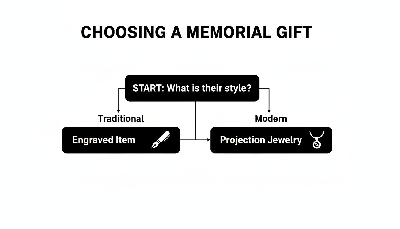 A flowchart guiding the choice of memorial gifts, suggesting engraved items for traditional style and projection jewelry for modern style.