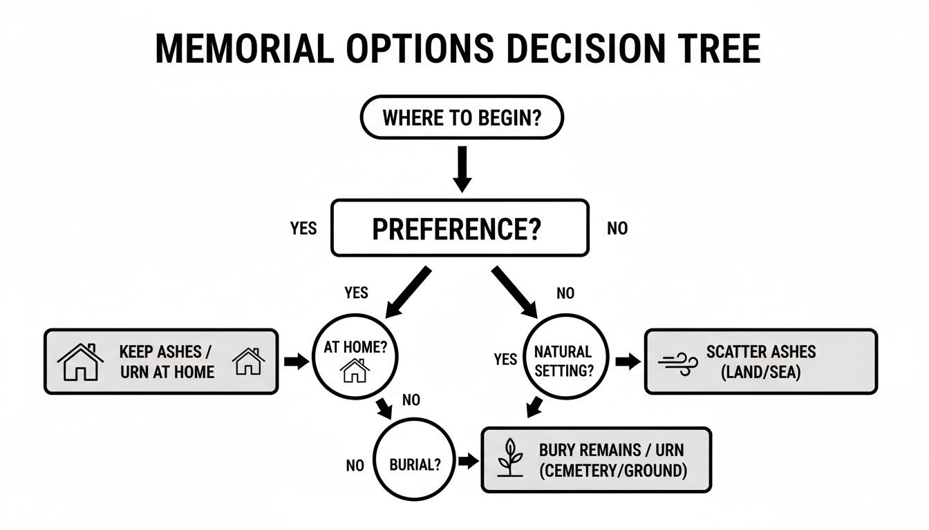 Flowchart illustrating memorial options for ashes and remains, including keeping, scattering, or burial.
