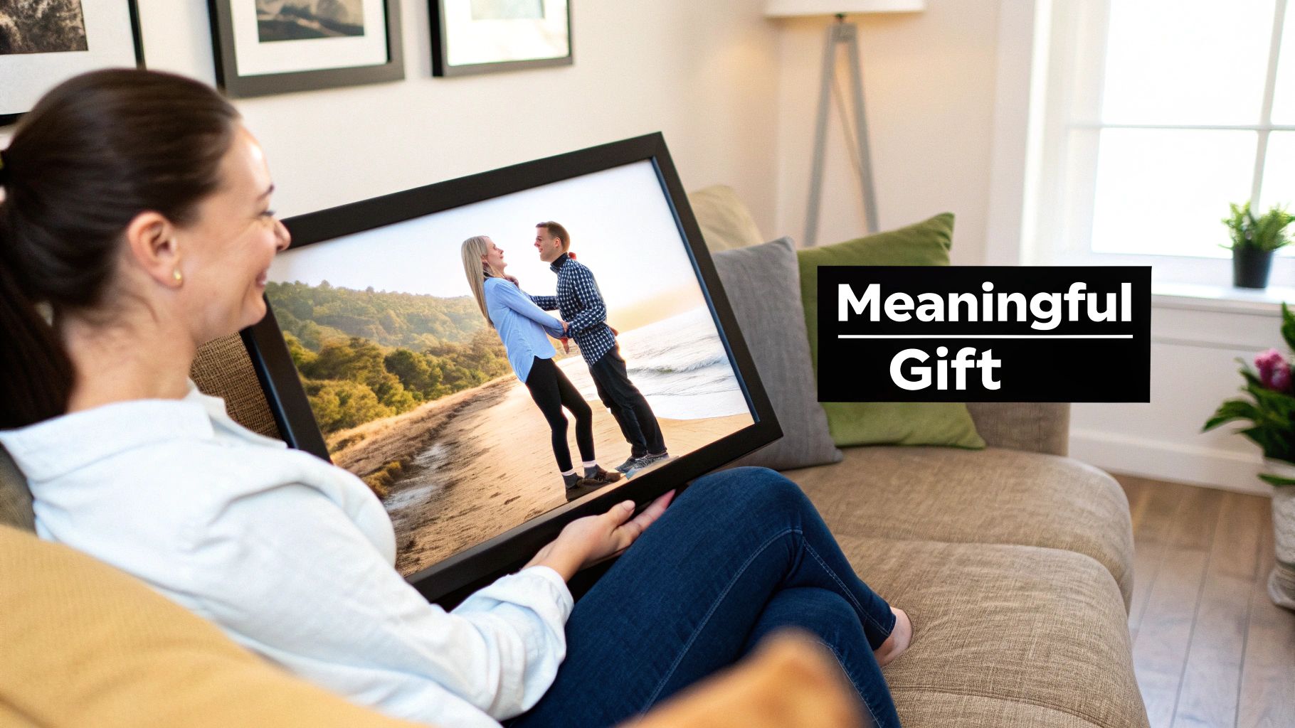 A woman on a couch smiles while holding a framed photo of a happy couple on a beach, a meaningful gift.